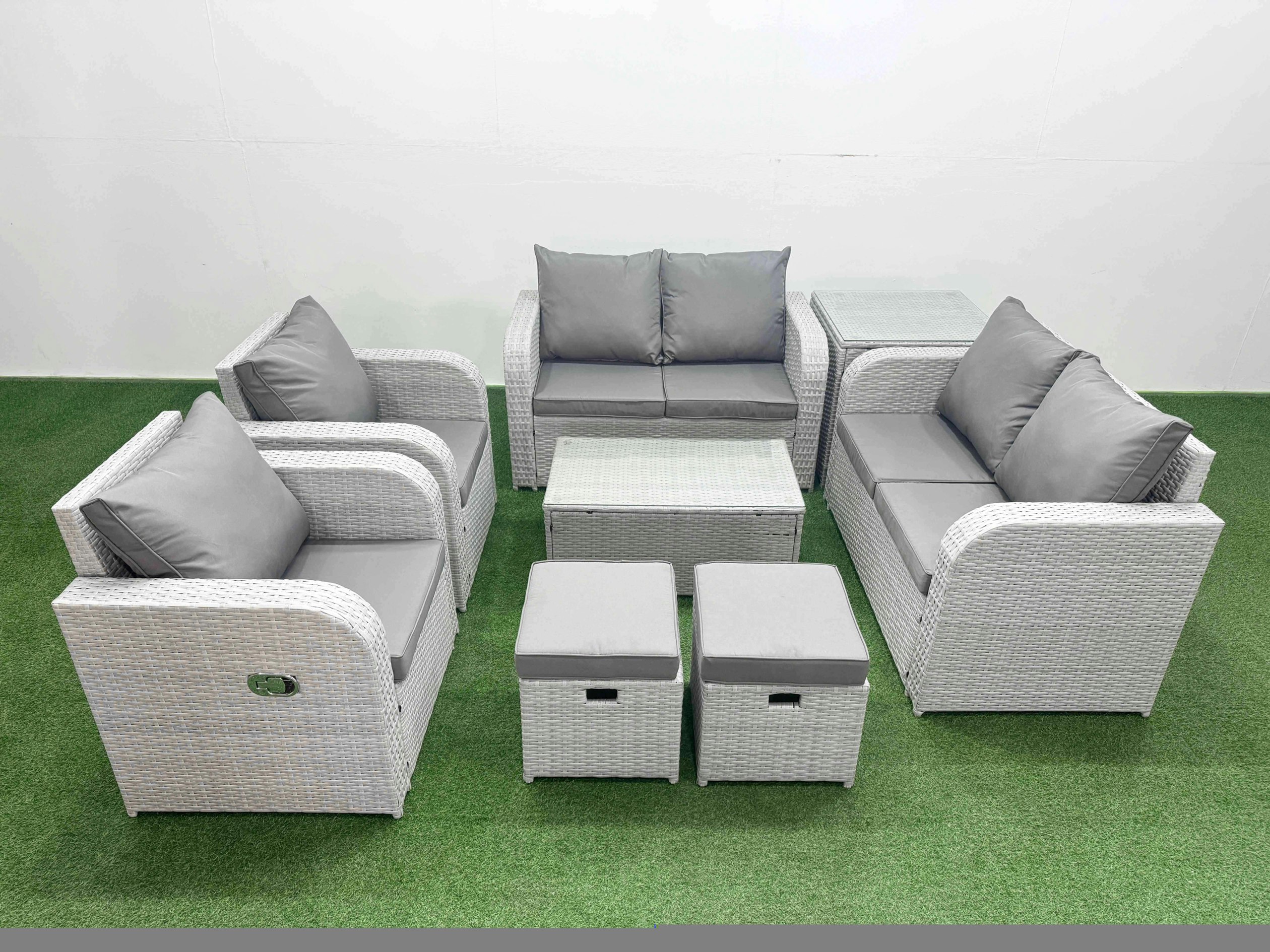 Rackhams Light/Grey 8 Seater Outdoor Reclining Chair Love Sofa Set Rattan Garden Furniture Set With Rectangular Coffee Table 2 Stools Side Table
