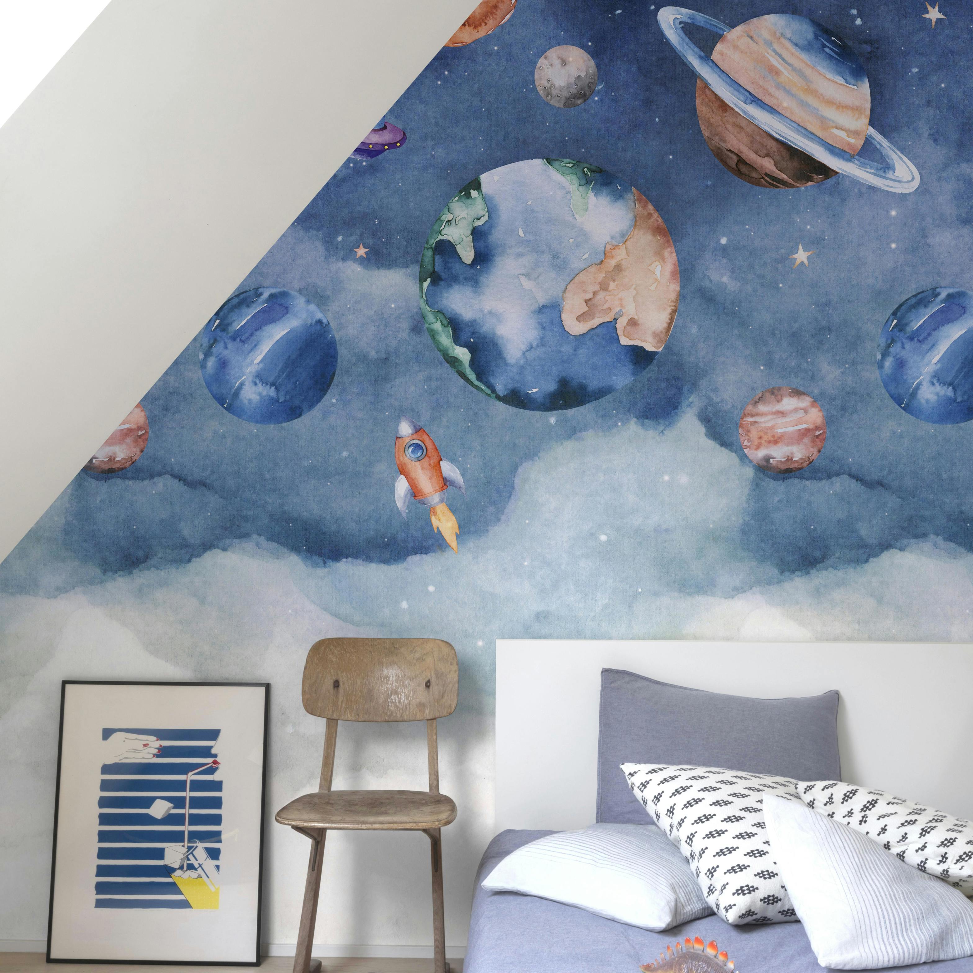 Rackhams Blue Roswell Watercolour Planet Spaceship Nursery 3 Panel Repeatable Mural 1.59 X 2.8M,