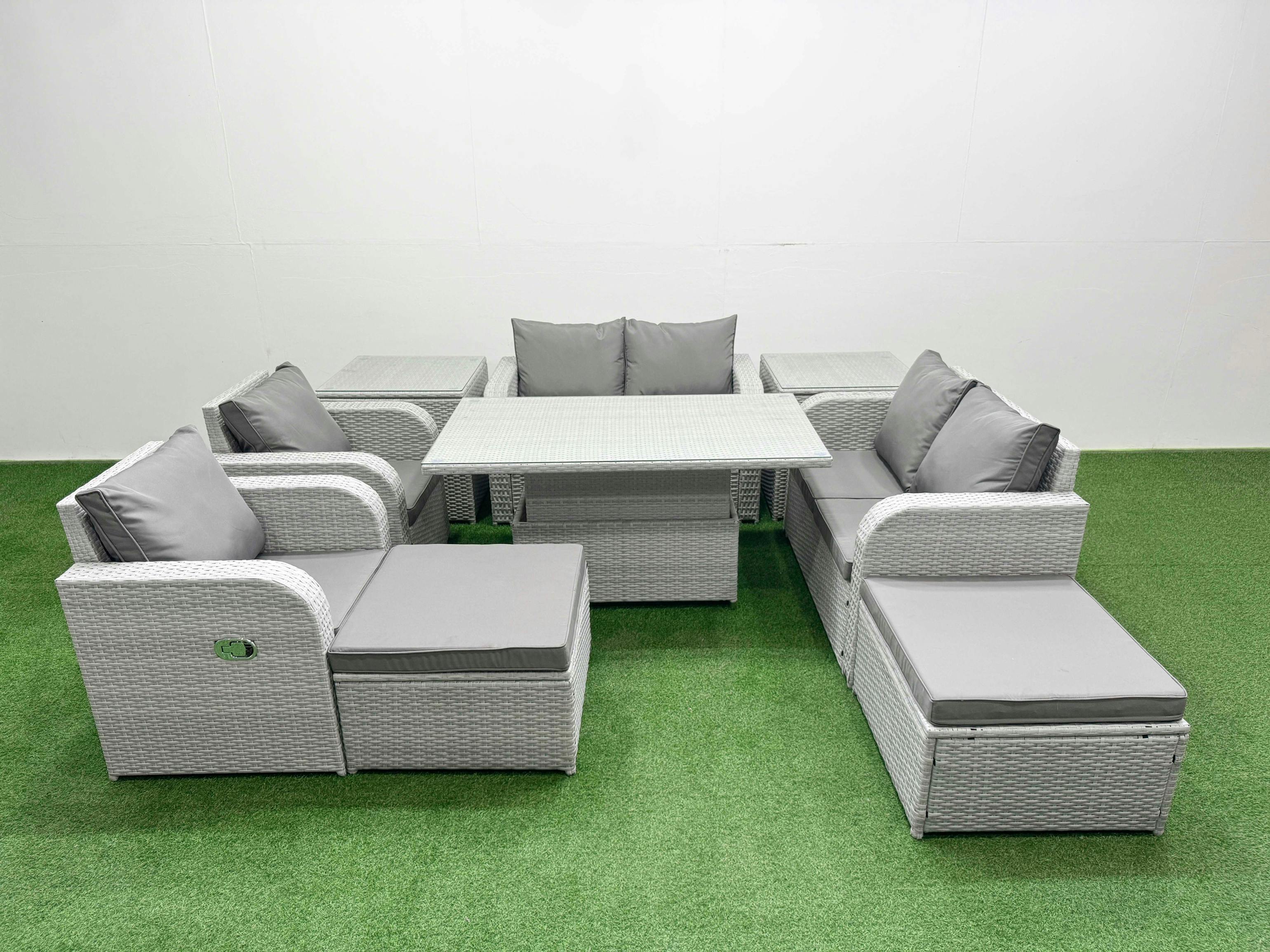 Fimous Light/Grey 8 Seater Rattan Garden Furniture Set, With Adjustable Height Table, 2 Sofas, 2 Reclining Chairs, 2 Footstools & 2 Side Tables