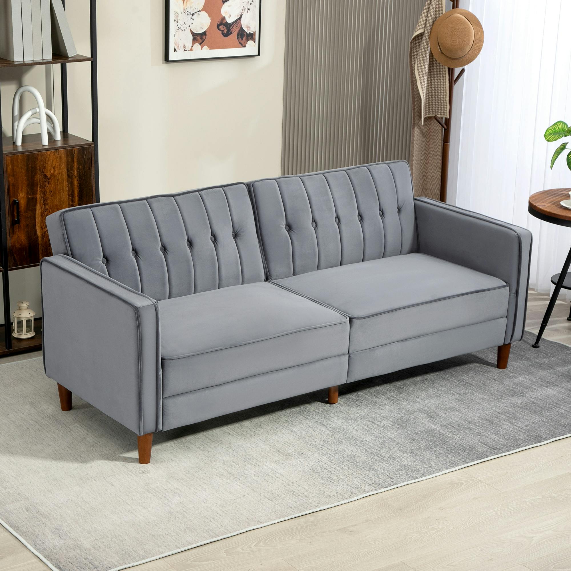 Homcom Dark/Grey Convertible Sofa Futon Velvet-Touch Tufted Couch Sofa Bed