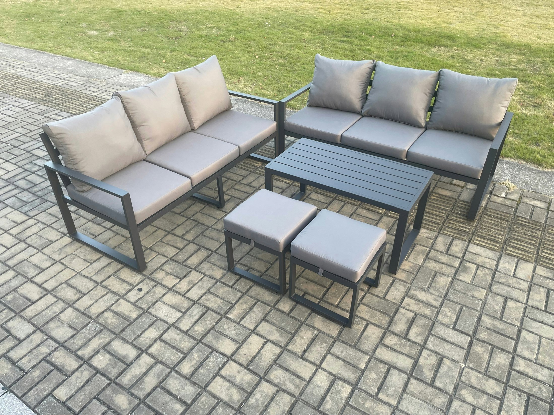 Fimous Dark/Grey Aluminium Patio Outdoor Garden Furniture Lounge Sofa Set With Oblong Coffee Table 2 Small Footstools