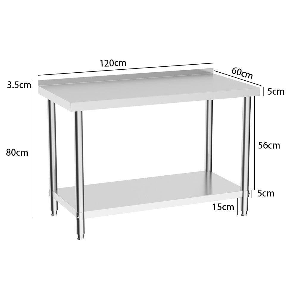 Rackhams 2 Tiers Commercial Kitchen Prep Table Stainless Steel Work Table - With Backsplash - 1200 Mm