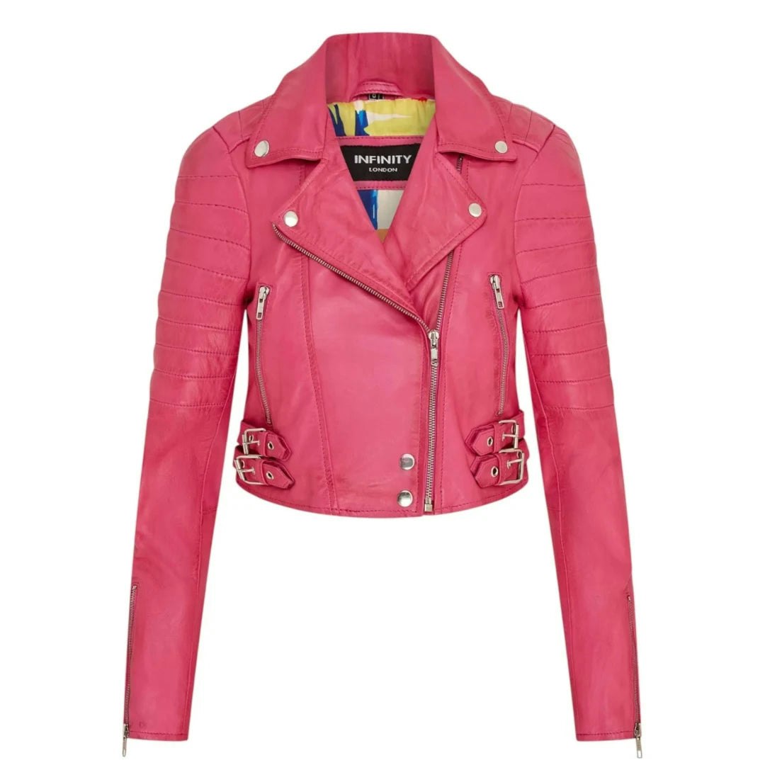 Infinity Leather Women's Fuchsia Real Leather Short Cropped Length Biker Jacket - Uk 20