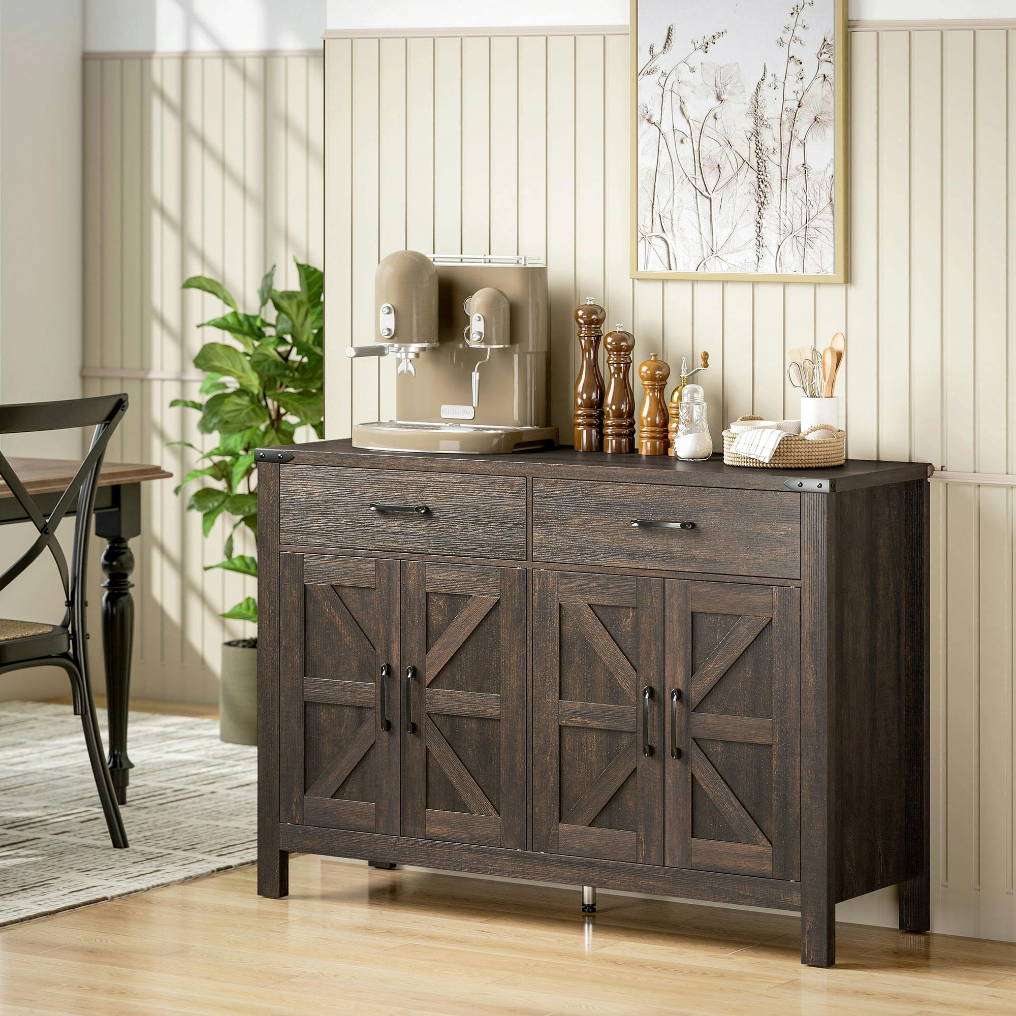 Rackhams Dark/Brown Kitchen Cupboard With 4 Doors, 2 Drawers And 2 Shelves,