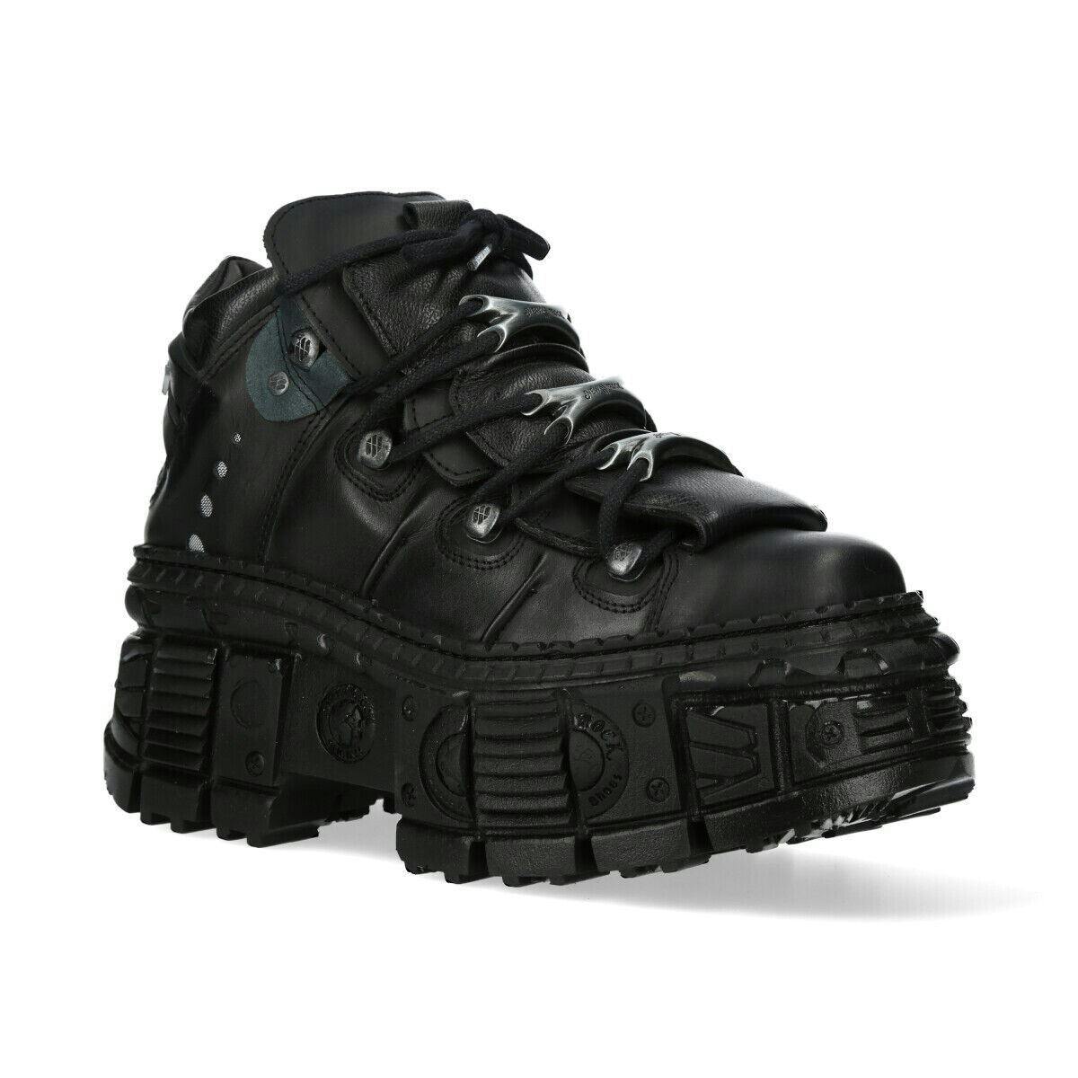 New Rock Unisex Black Metallic Ankle Leather Boots-Wall106-S12 - Uk 5 | Eu 38 | Us 8