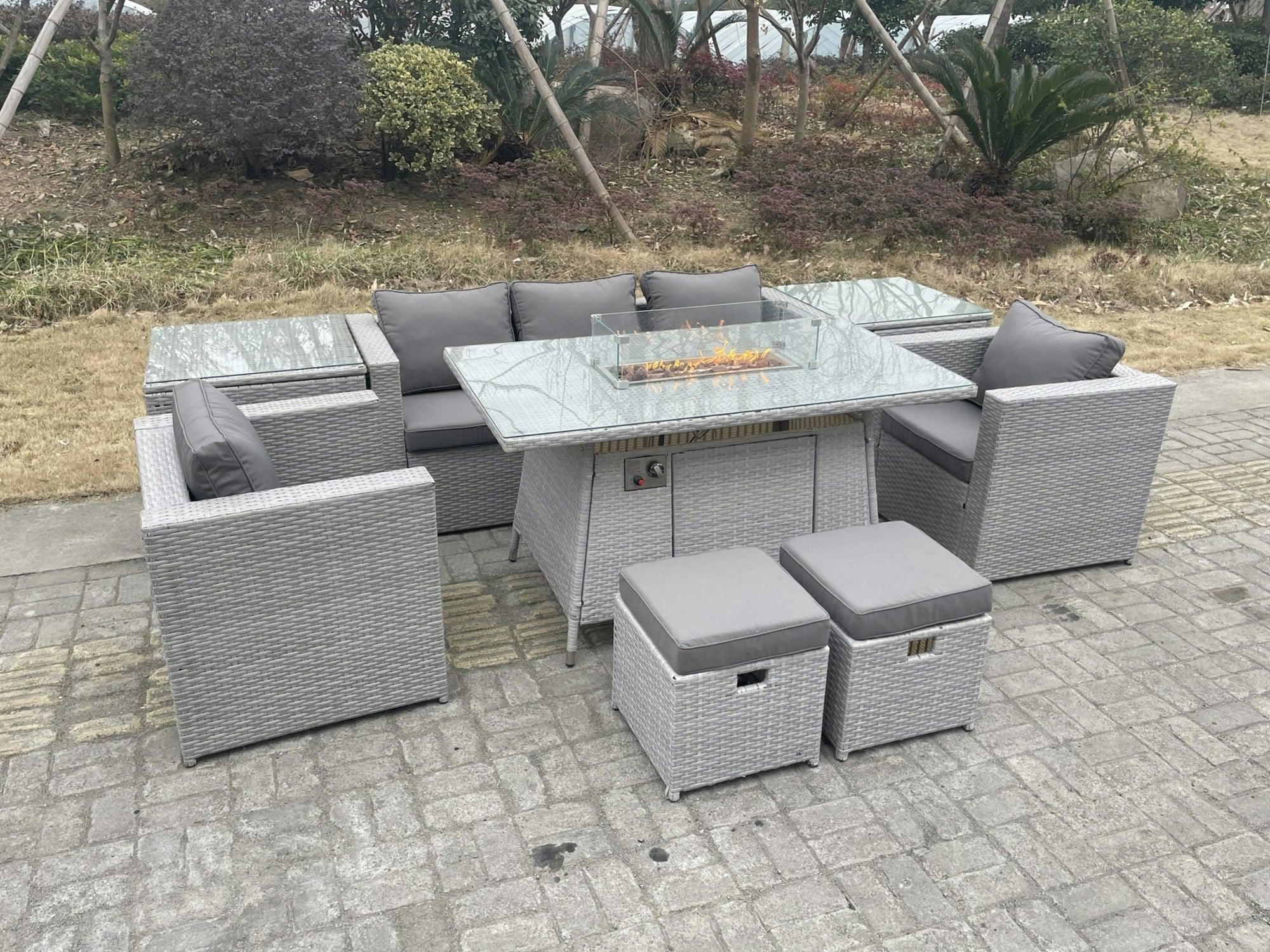 Rackhams Light/Grey/Dark Rattan Garden Furniture Set Gas Fire Pit Lounge Sofa Chair Dining Set With 2 Side Table And 2 Pc Arm Chair 2 Stools