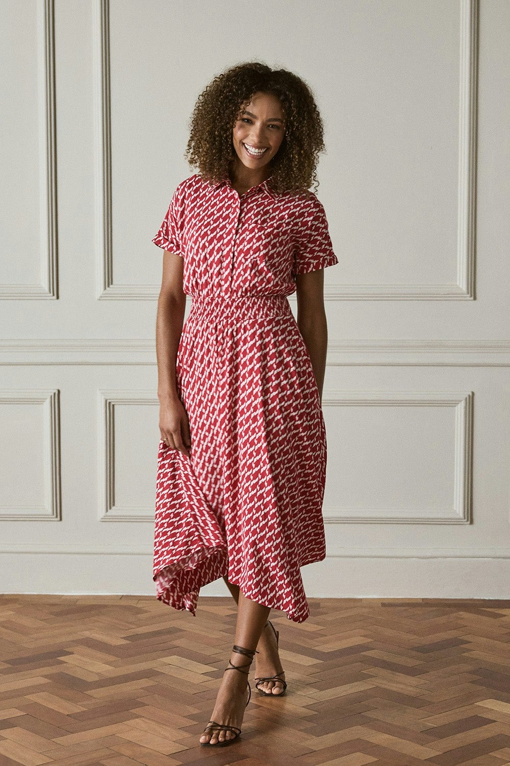 Izabel London Red Geo Print Hanky Hem Midi Dress - 8