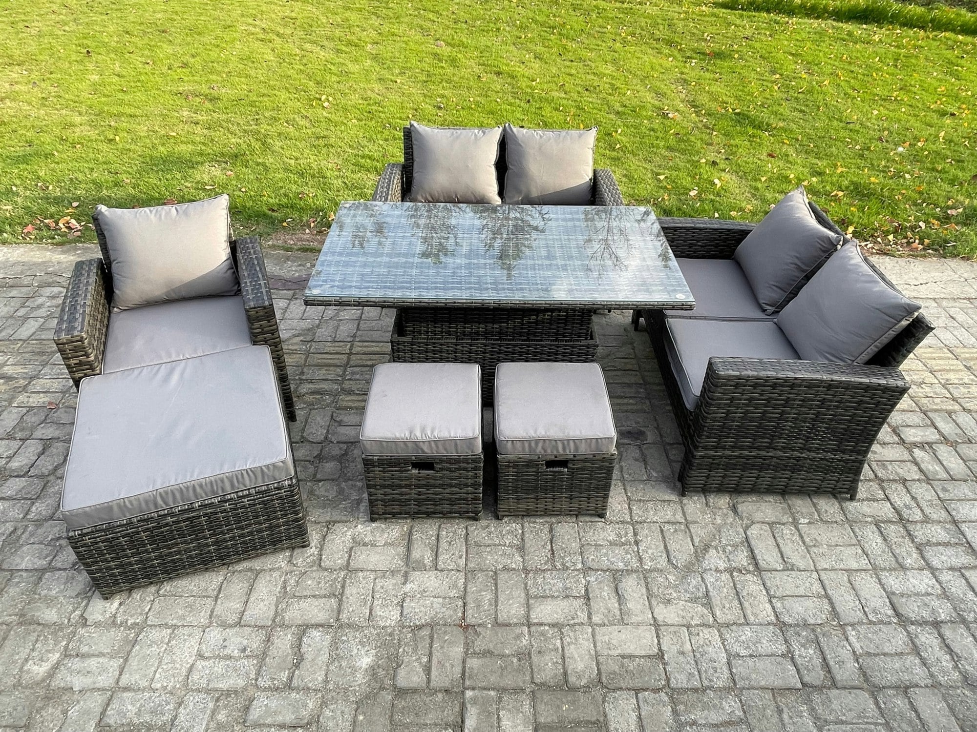 Rackhams Dark/Grey Outdoor Rattan Patio Furniture Set Garden Lounge Sofa Set With Rising Lifting Table 3 Footstools Mixed