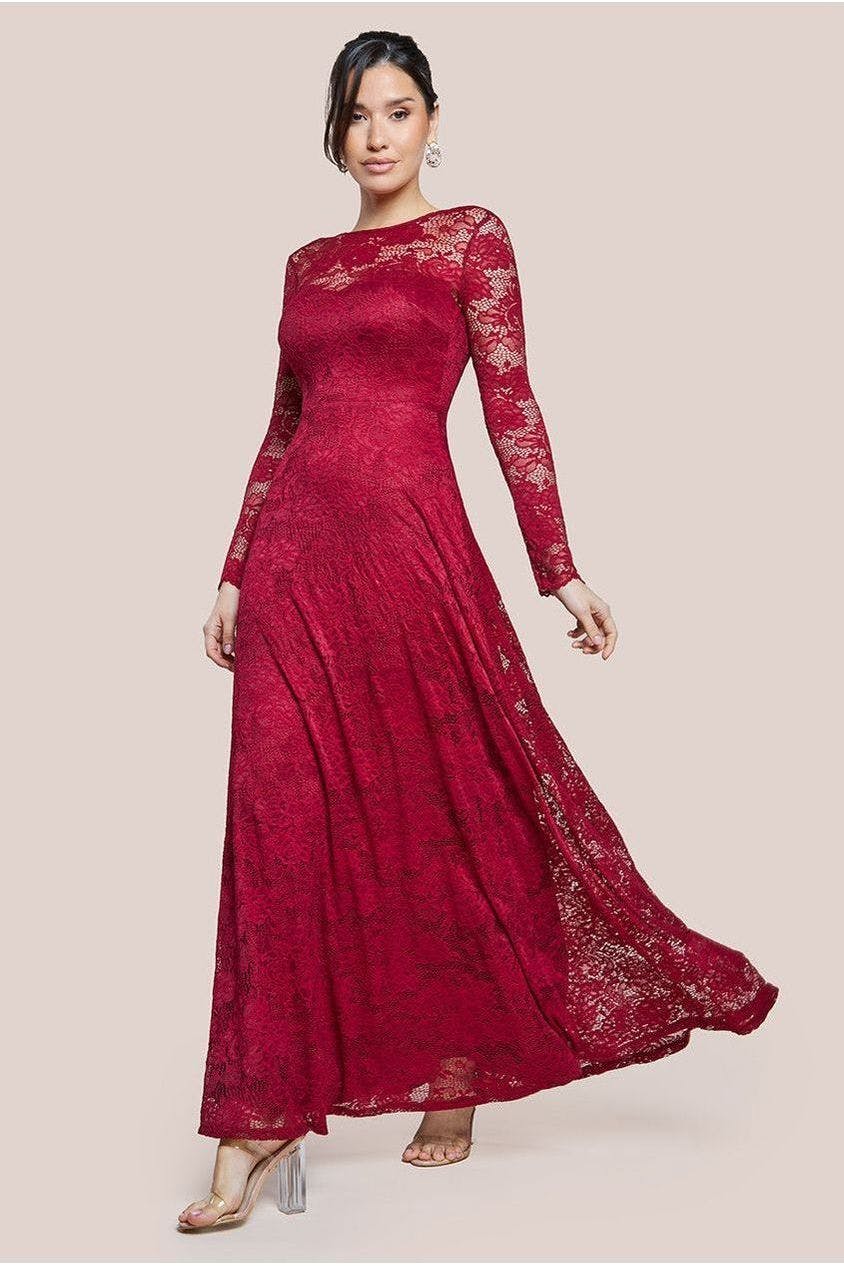 Goddiva Scalloped Lace A-Line Maxi Dress - Wine By - Wine - 8