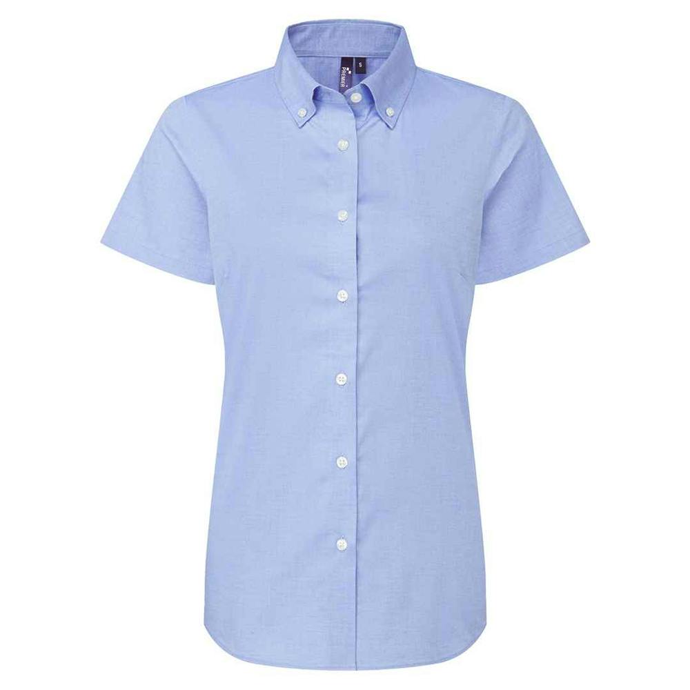 Premier Women's Blue Supreme Oxford Short-Sleeved Formal Shirt - Oxford - S - Oxford - 72% Mercerised Cotton/25% Organic Cotton/3% Elastane