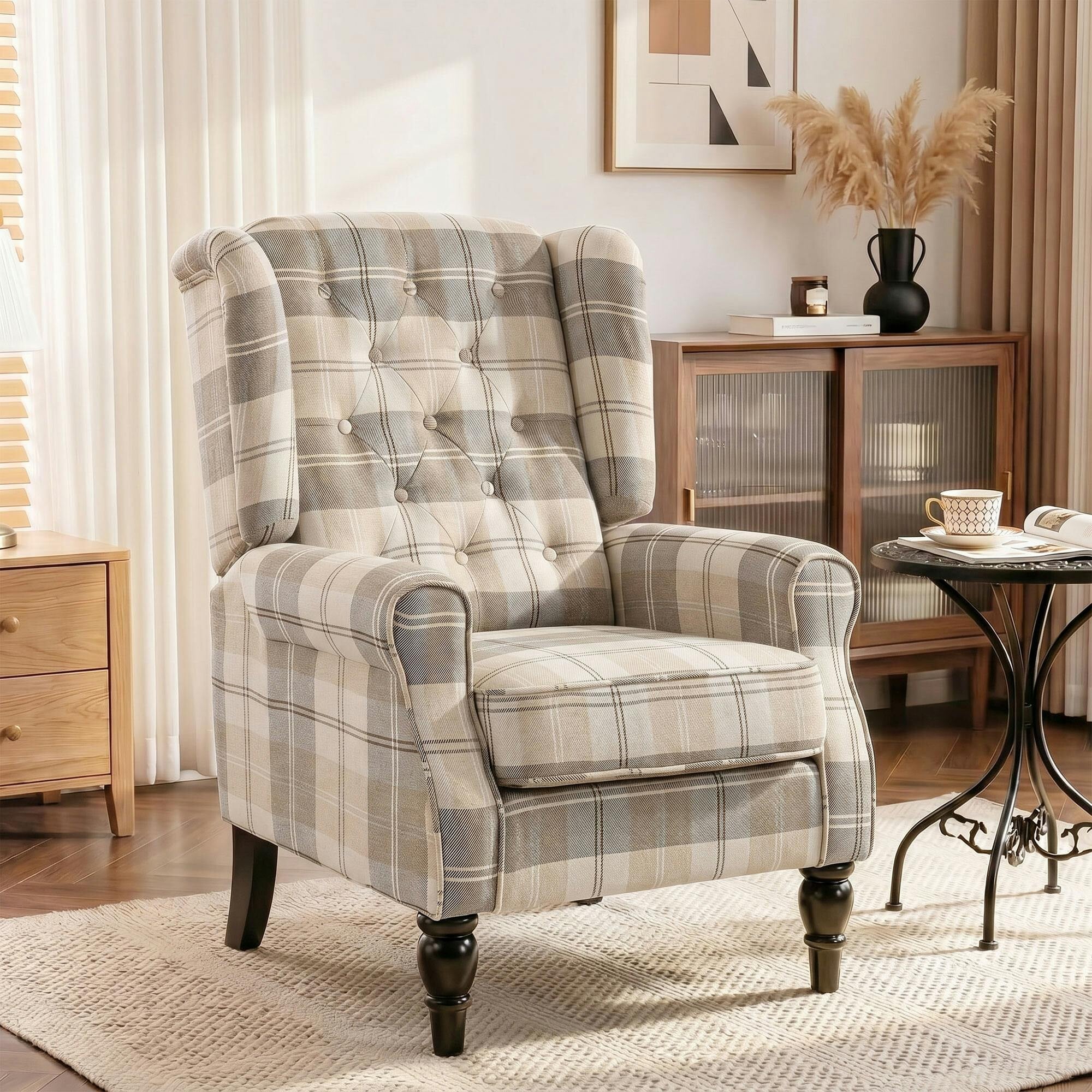 Rackhams Accent Chair Wingback Armchair Retro Tufted, Khaki Plaid