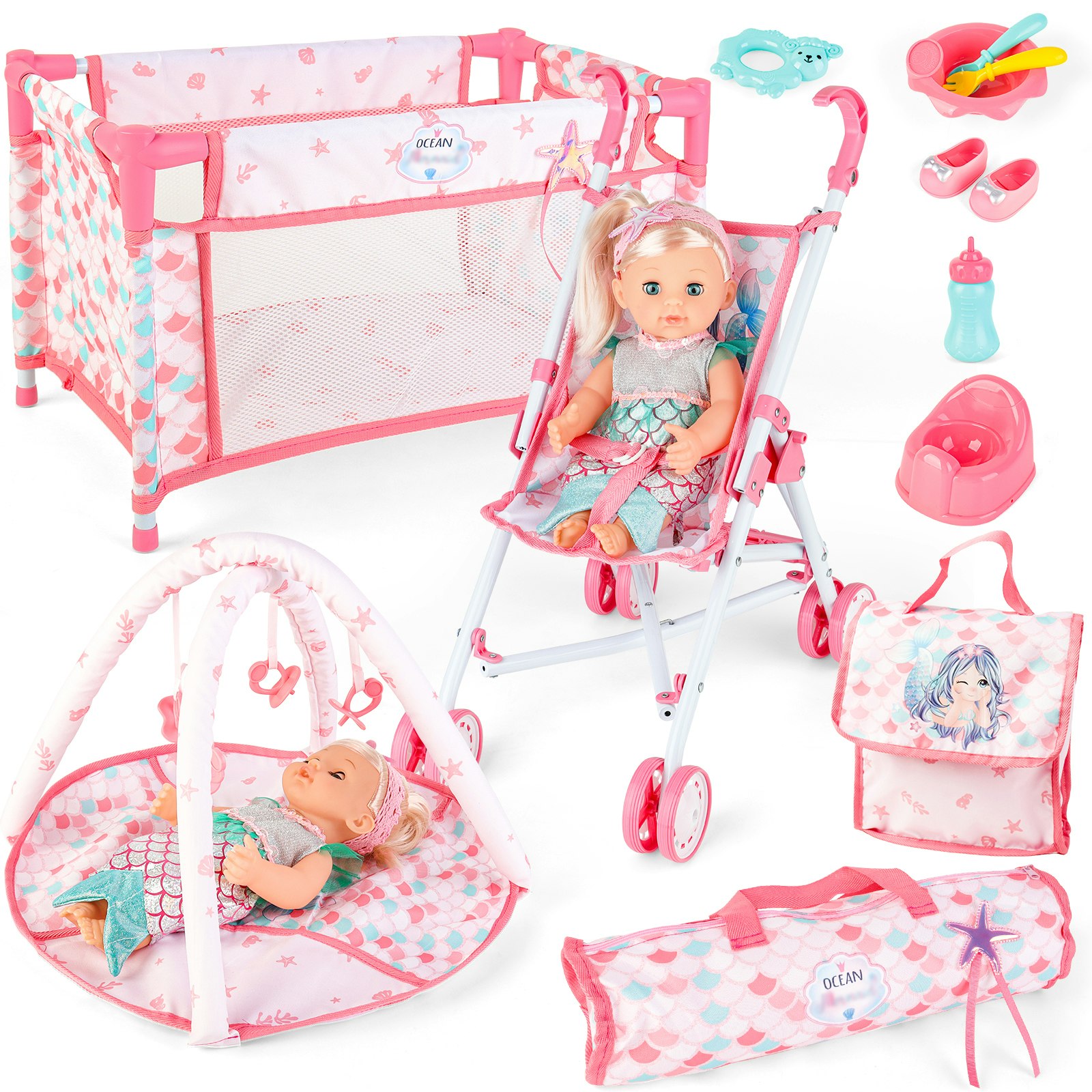 Deao Toys Pink Deluxe Mermaid-Themed Baby Doll Playset - 3+ - Doll Set