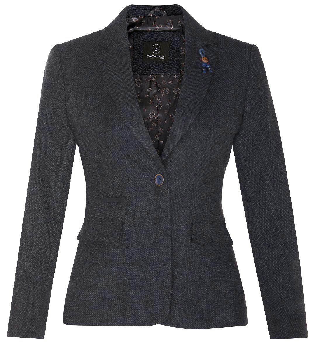 Truclothing Women's Blue Tweed 1920S Herringbone Navy Blazer - Navy - Uk Xl/16 | Eu 42 | Us 12