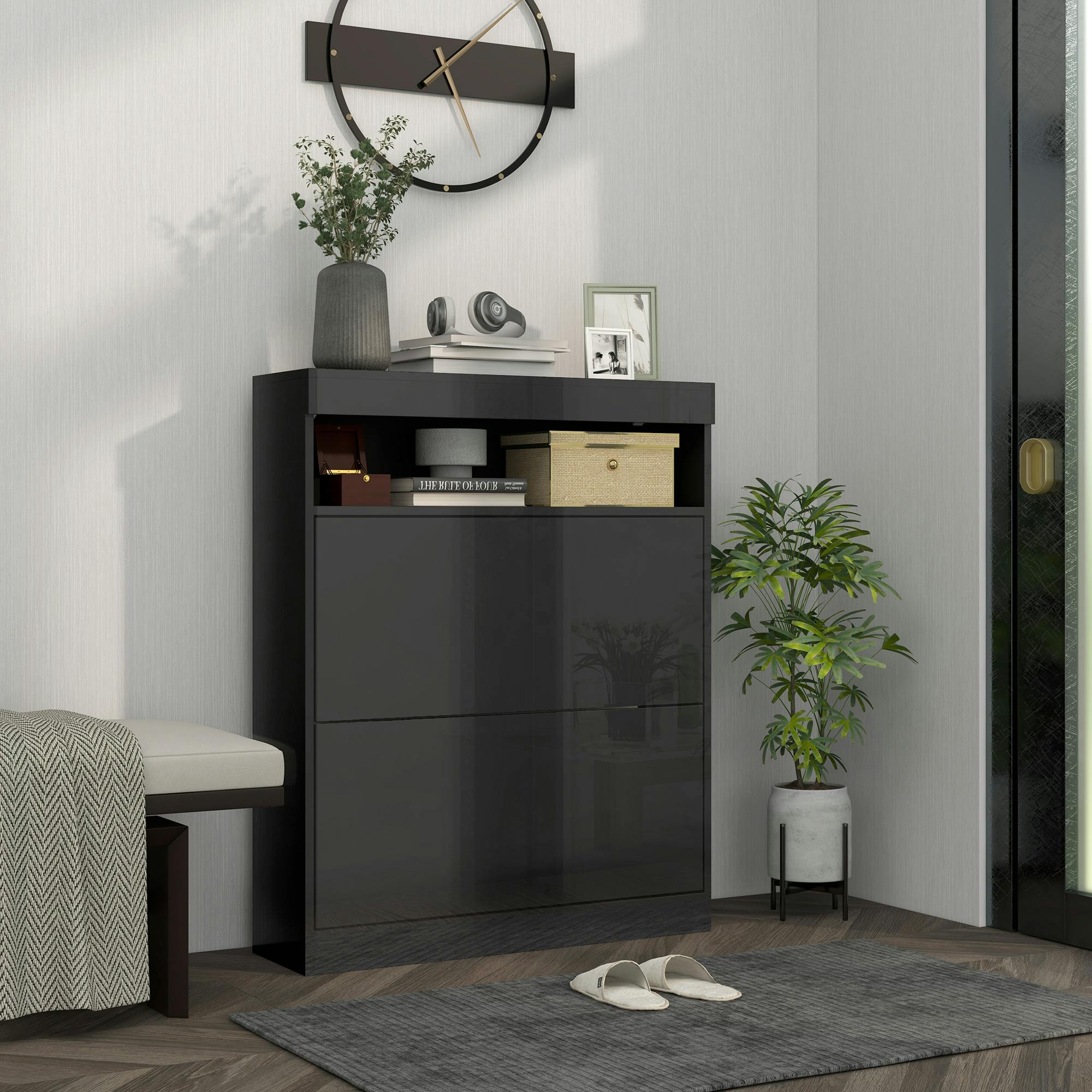 Rackhams Black Wall Mounted Or Freestanding Shoe Cabinet With 2 Flip Drawers, - High Gloss