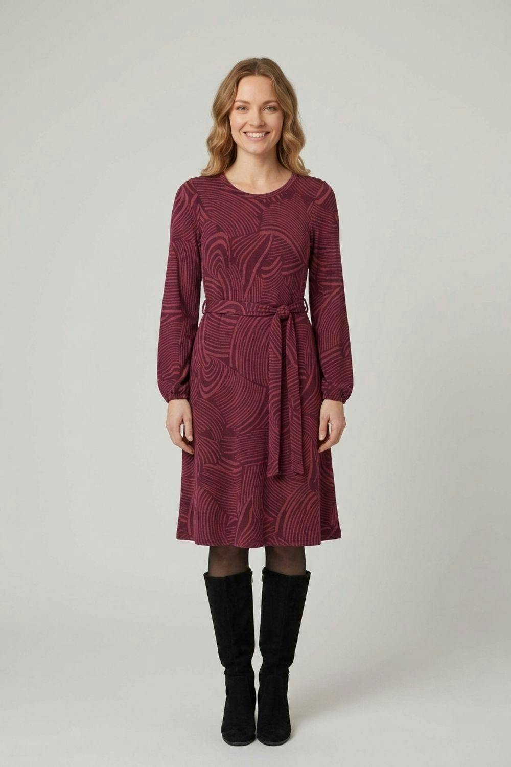 Izabel London Purple Abstract Tie Waist A-Line Midi Dress - 12
