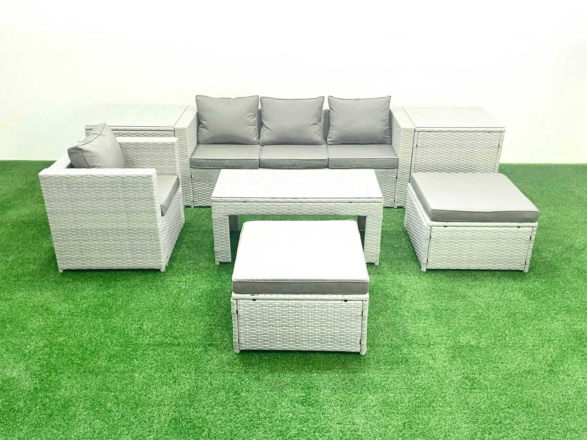 Fimous Grey 6-Seater Outdoor Rattan Sofa Set | Cushions, Coffee Table, 2 Side Tables, 2 Large Footstools | Conservatory/Patio
