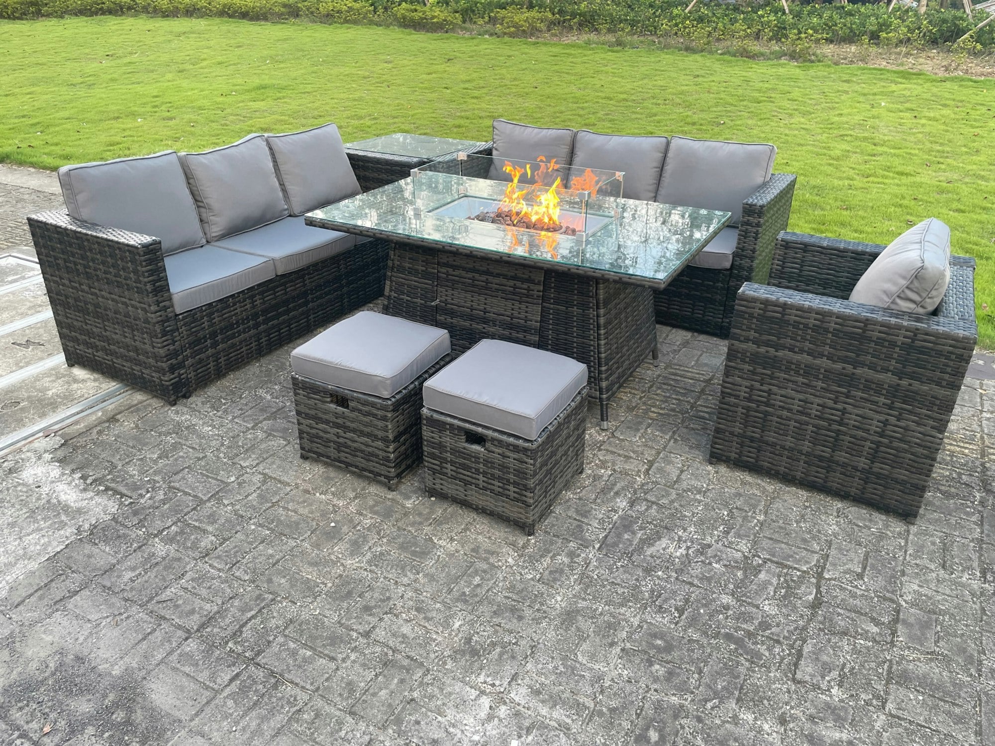 Fimous Dark/Grey Outdoor Rattan Garden Furniture Gas Fire Pit Dining Table Gas Heater Sets Lounge Chairs Small Footstools Mixed 9 Seater
