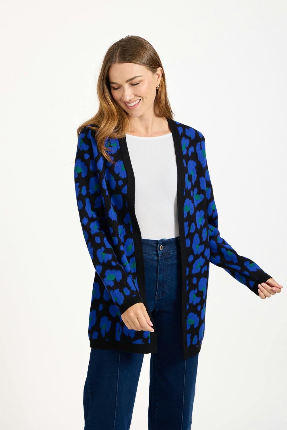 Mudflower Blue Jacquard Leopard Print Knit Cardigan - 14