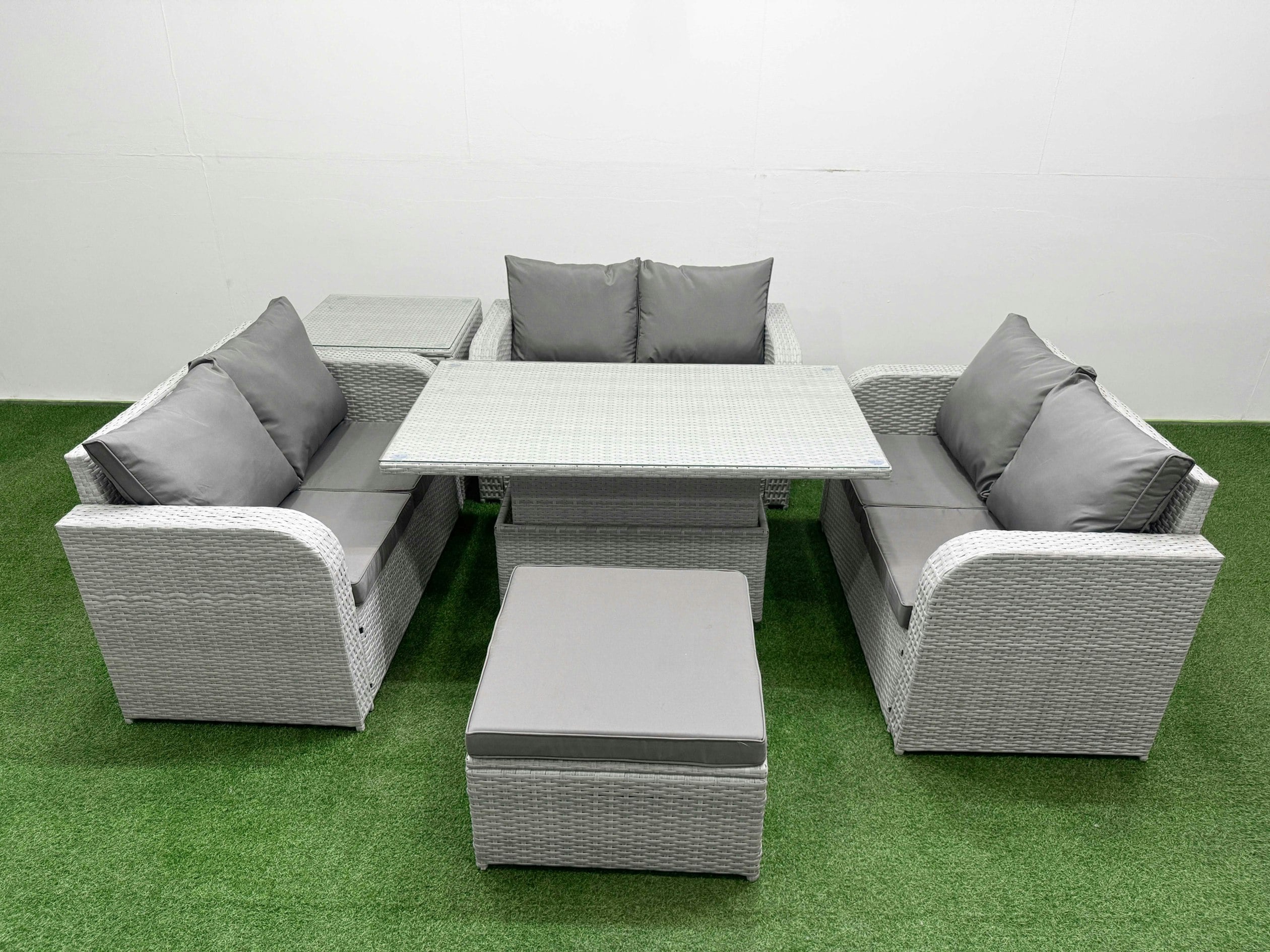 Rackhams Light/Grey 7 Seater Pe Wicker Rattan Sofa Set - Adjustable Lifting Dining/Coffee Table, 2-Seater Loveseat & Footstool
