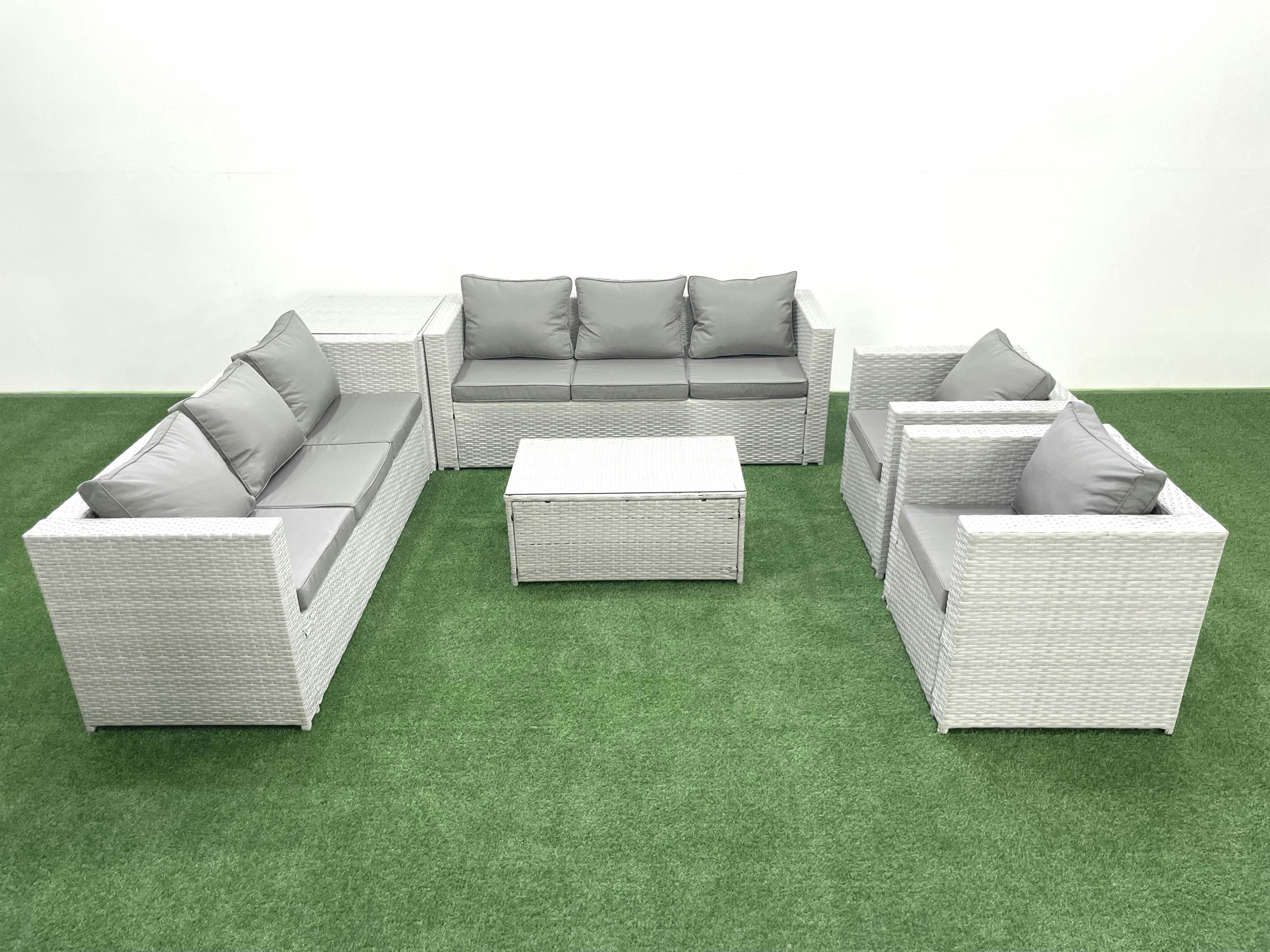 Rackhams Light/Grey Outdoor Rattan Sofa Garden Furniture Set With 2 Armchairs Oblong Coffee Table Side Table Mixed