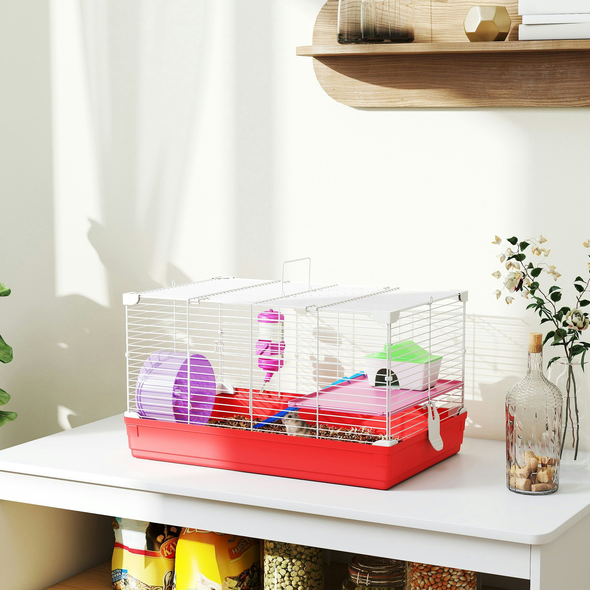 PawHut Hamster Travel Cage Box - Red, Double Layers, Accessories Included - Image 2