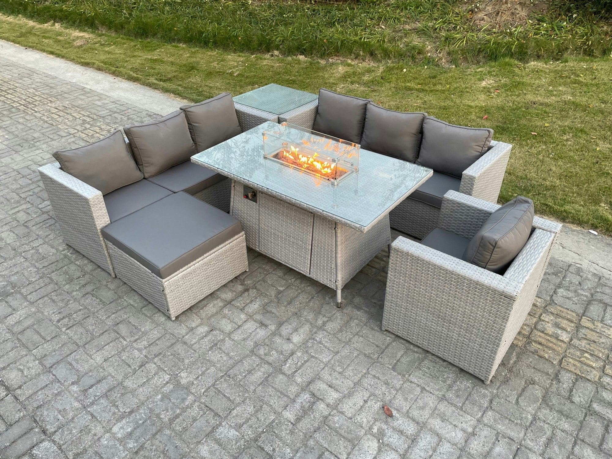 Rackhams Light/Grey Rattan Fire Pit Garden Furniture Set Gas Heater Burner Lounge Sofa With Side Coffee Table Big Footstool Chair
