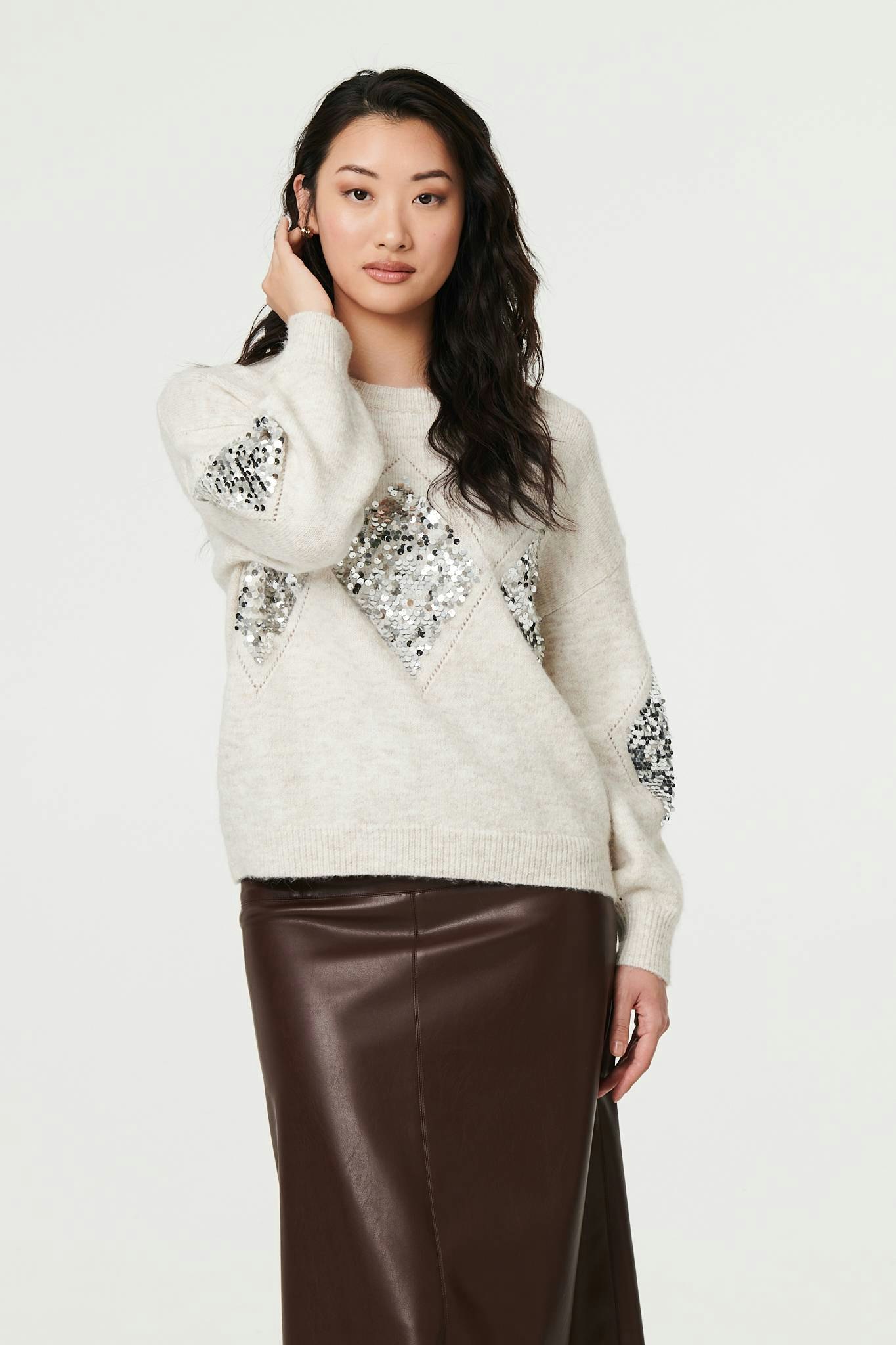 Izabel London Beige Sequin Diamond Detail Relaxed Jumper - 12