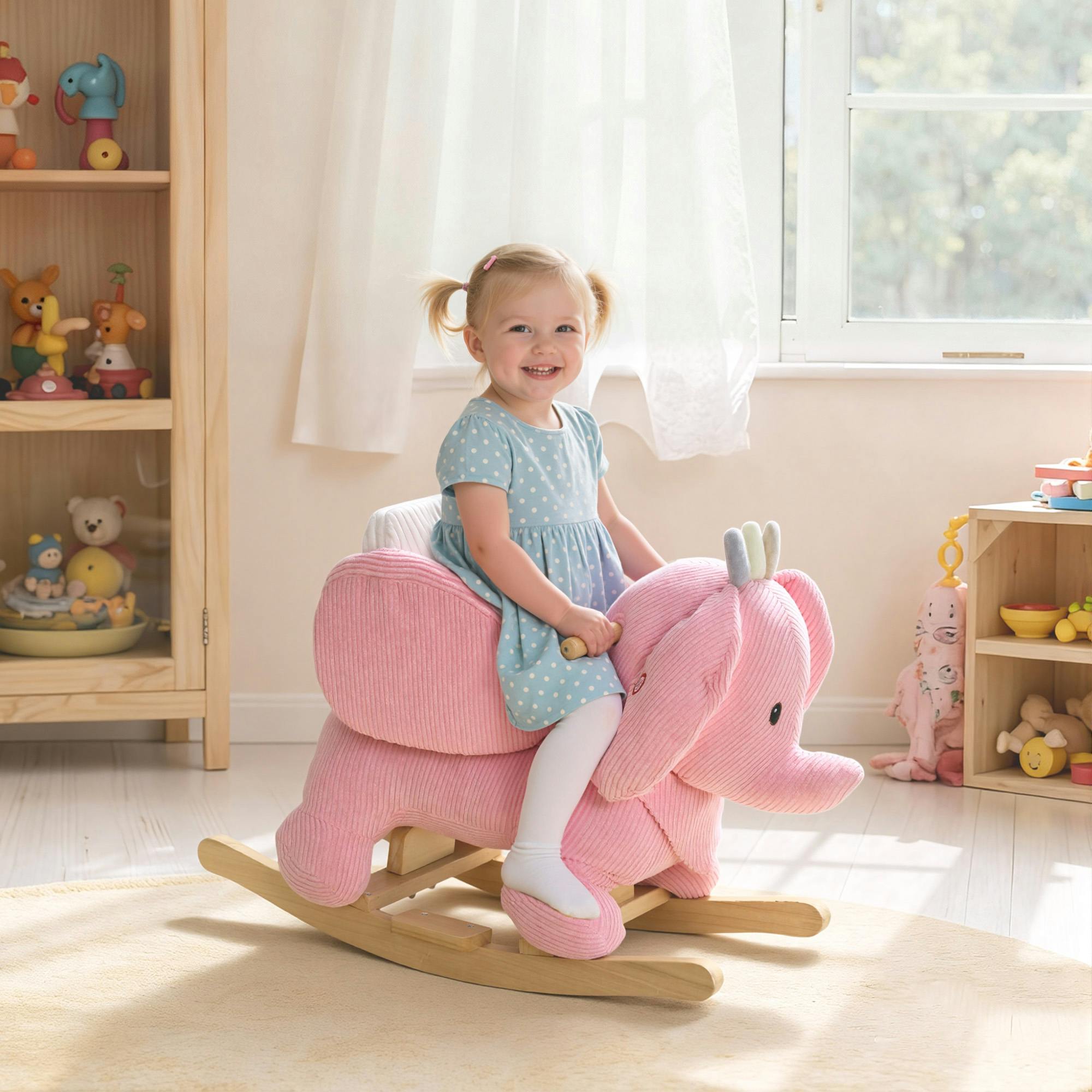 Aiyaplay Pink Kids Rocking Horse, Baby Ride On Rocker With Safety Belt,