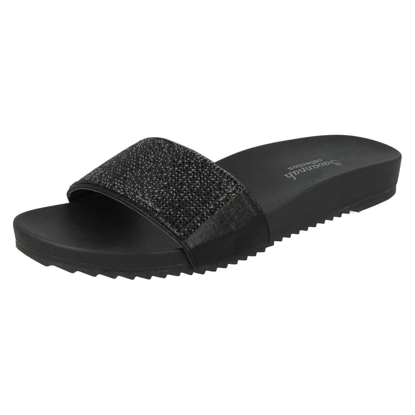 Savannah Women's Black Flat Diamante Vamp Mules - Uk 5