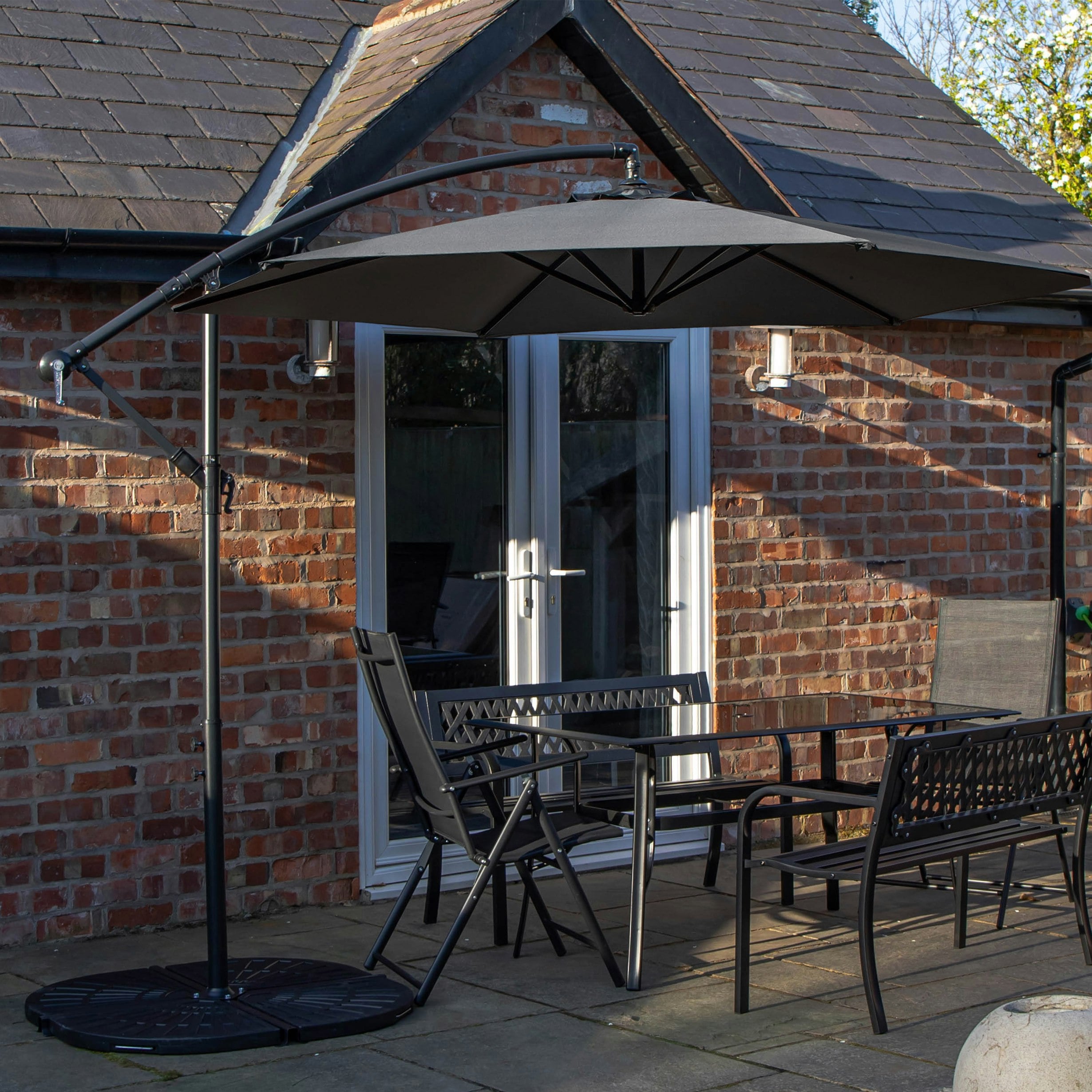 Rackhams Grey Outdoor 6 Person Rectangular Glass Top Garden Dining Table Benches & Chairs With Banana Parasol And Base - Outdoor Furniture Sets