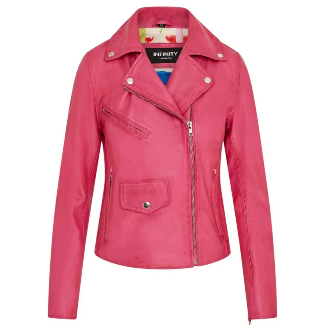 Infinity Leather Women's Fuchsia Leather Company Real Leather Brando Style Biker Jacket - Uk 14