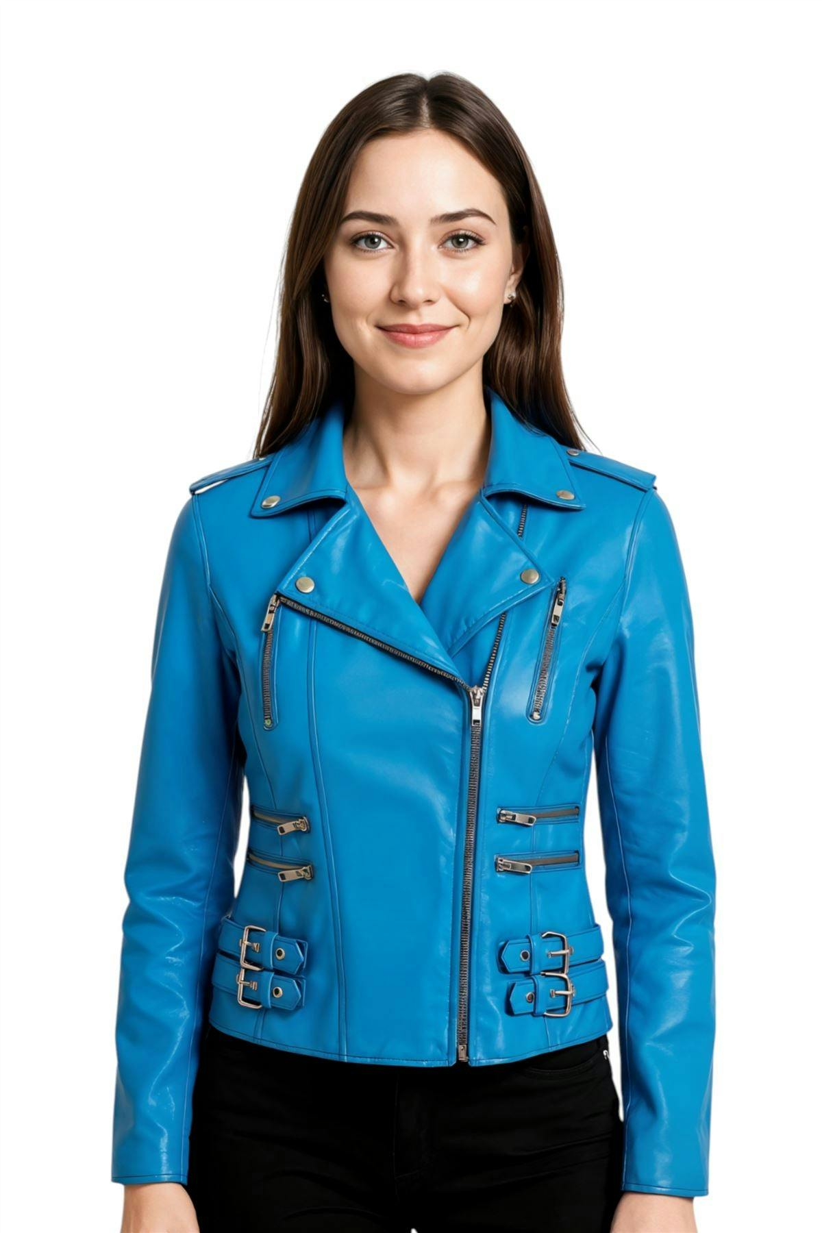 Infinity Leather Women's Blue Leather Vintage Brando Biker Jacket-Orlando - Uk 2XL/18 | Eu 44 | Us 14
