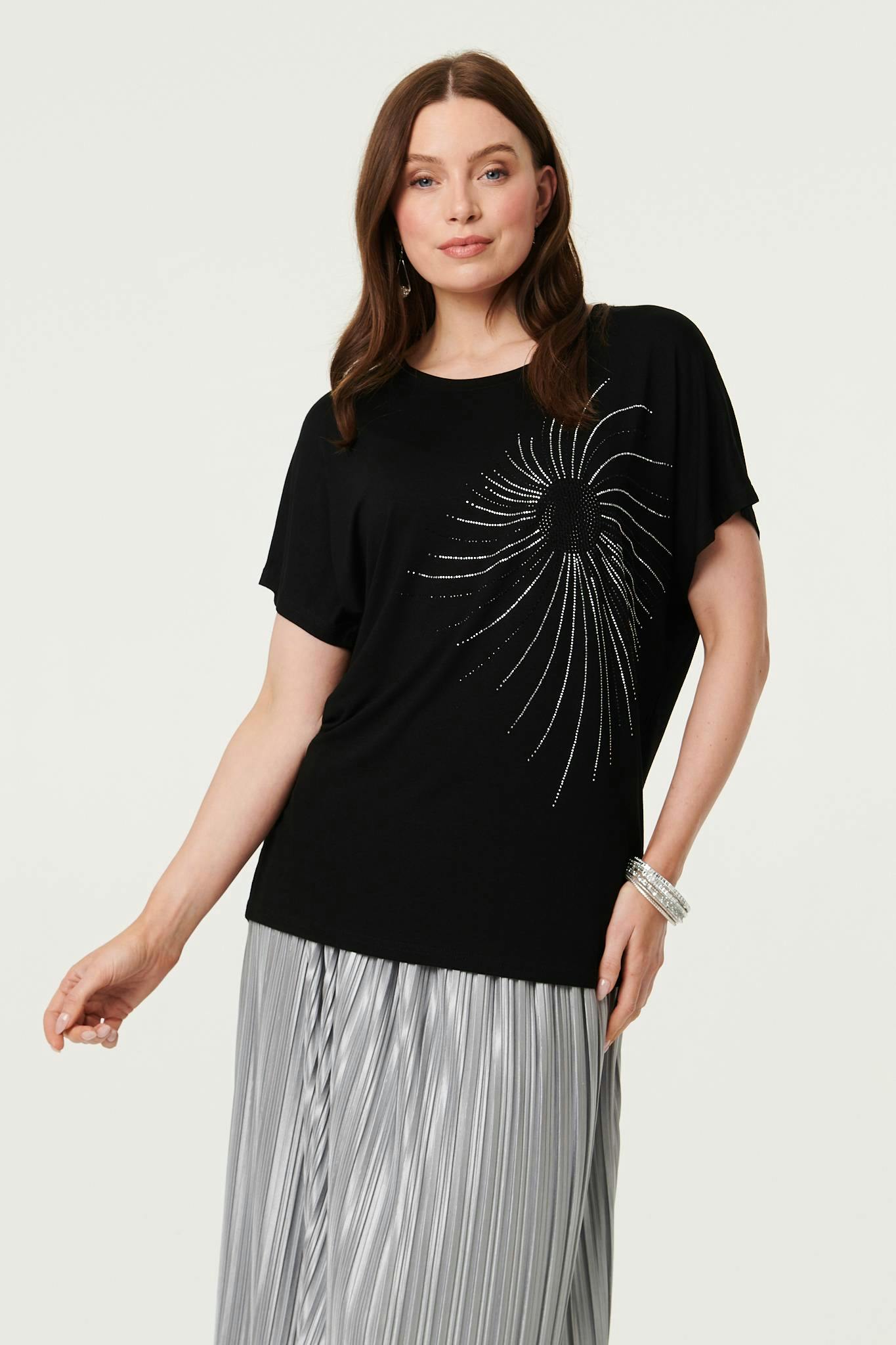 Izabel London Black Sparkly Detail Relaxed T-Shirt - 16