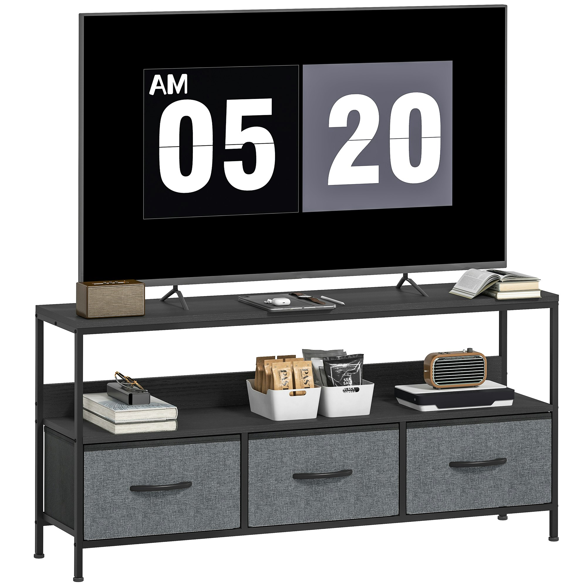Rackhams Black Tv Cabinet, Tv Console Unit With Foldable Linen Drawers Size 3