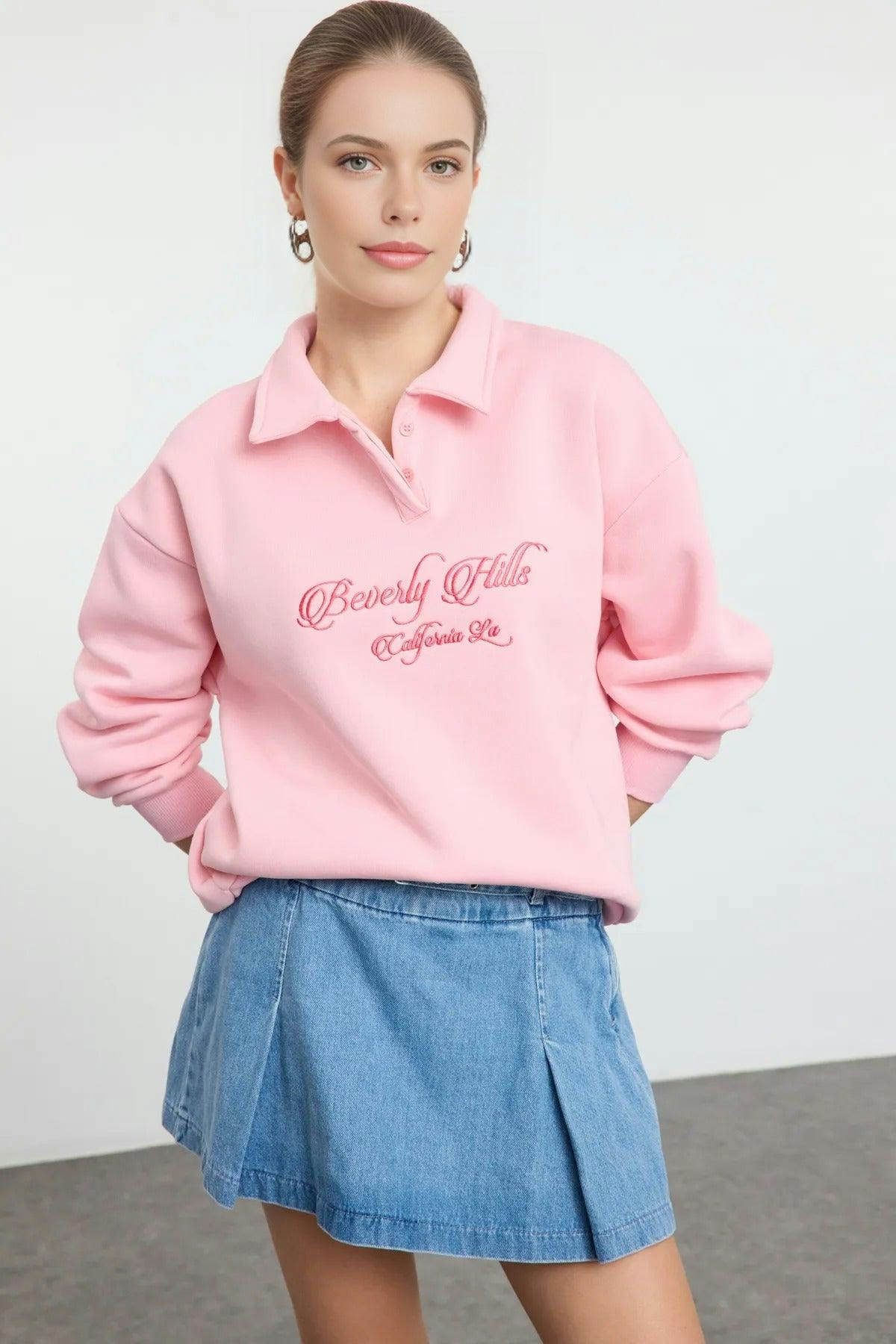 Wovcor Pink Shirt Collar Slogan Embroidered Polar Fleece Knit Sweatshirt - Xs