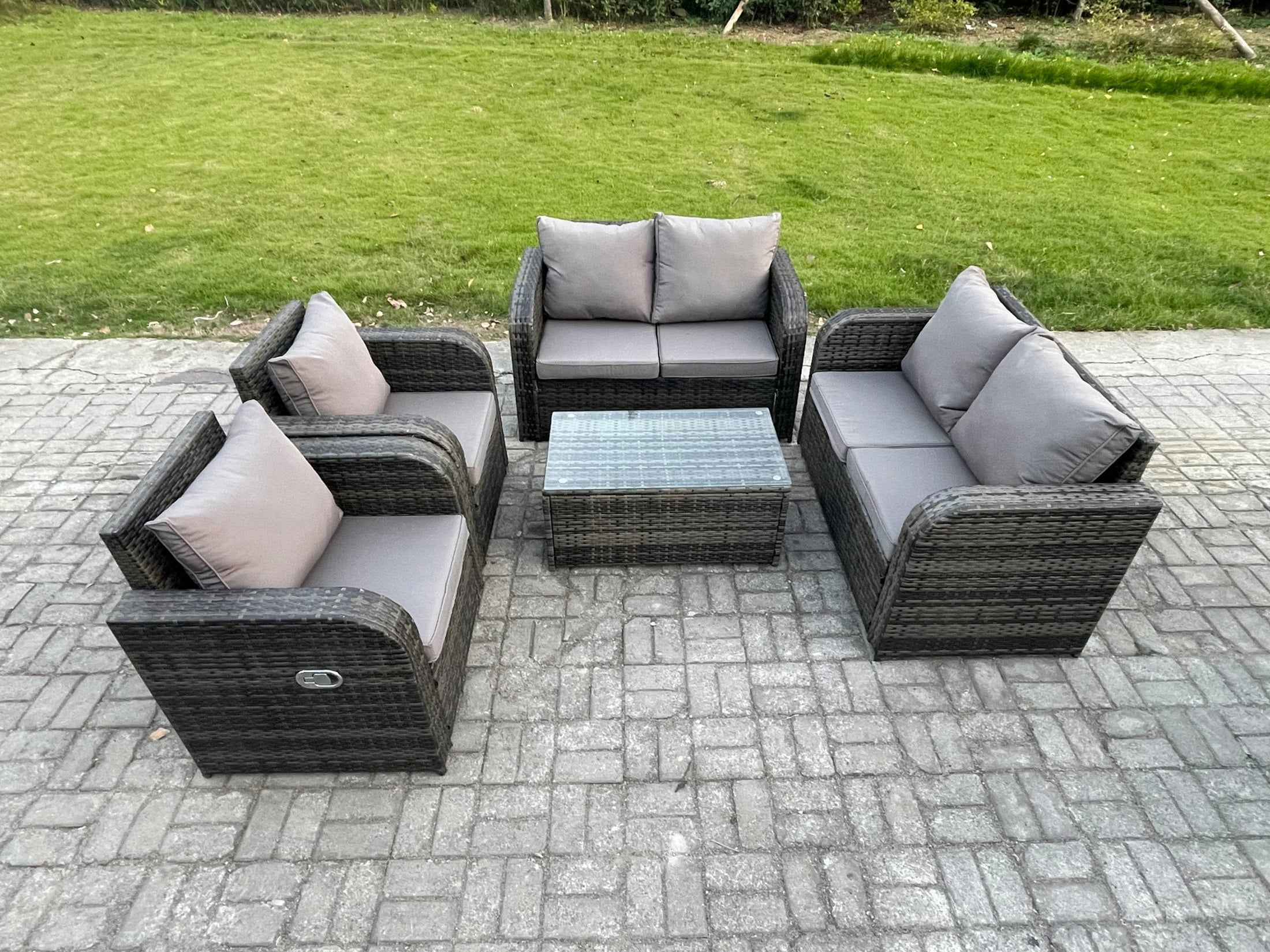 Fimous Dark/Grey Rattan Garden Furniture Set Patio Outdoor Lounge Sofa Set With 2 Reclining Chairs Rectangular Coffee Table Mixed