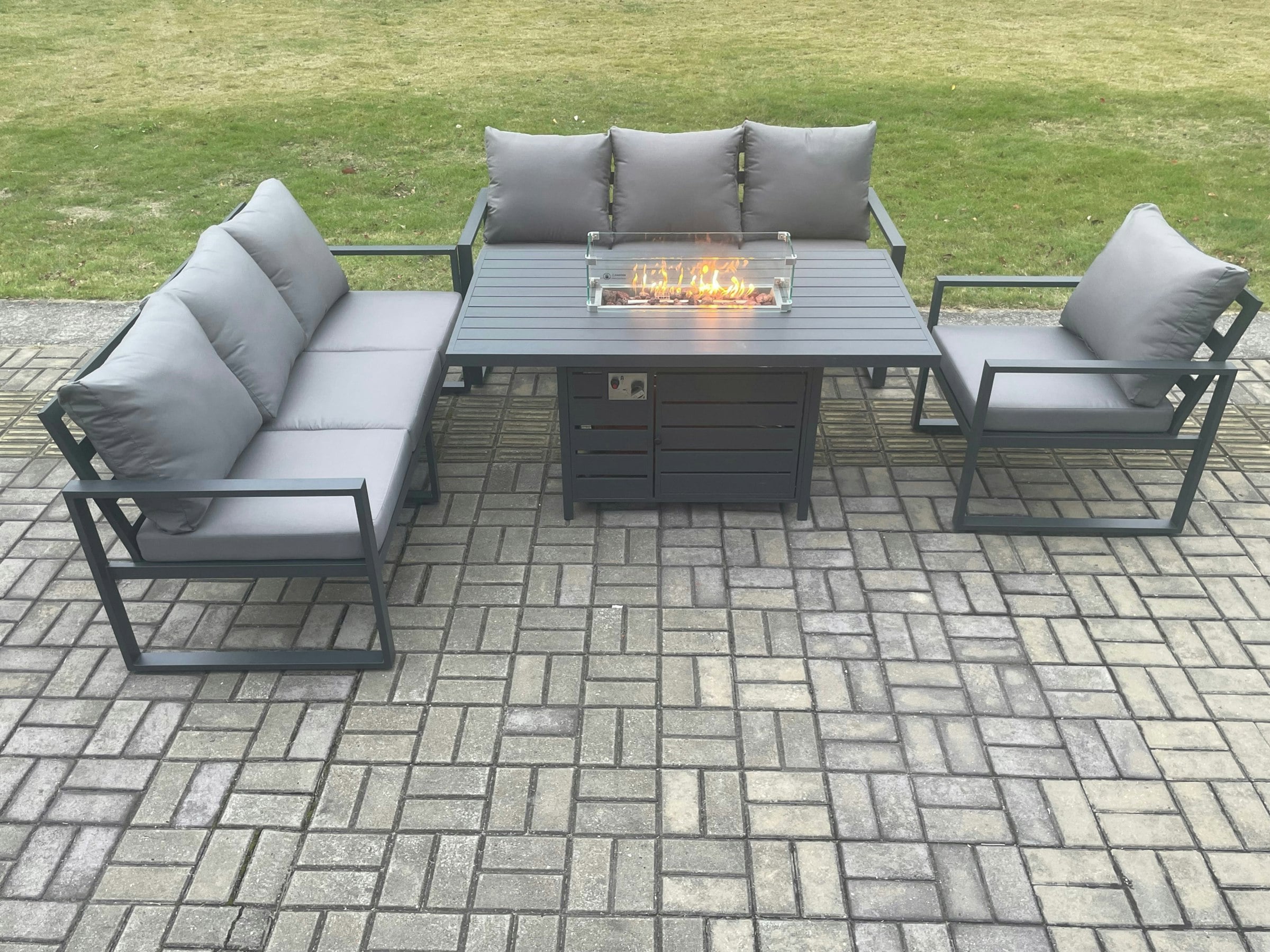 Fimous Dark/Grey Aluminium Outdoor Lounge Sofa Garden Furniture Sets Gas Fire Pit Dining Table Set