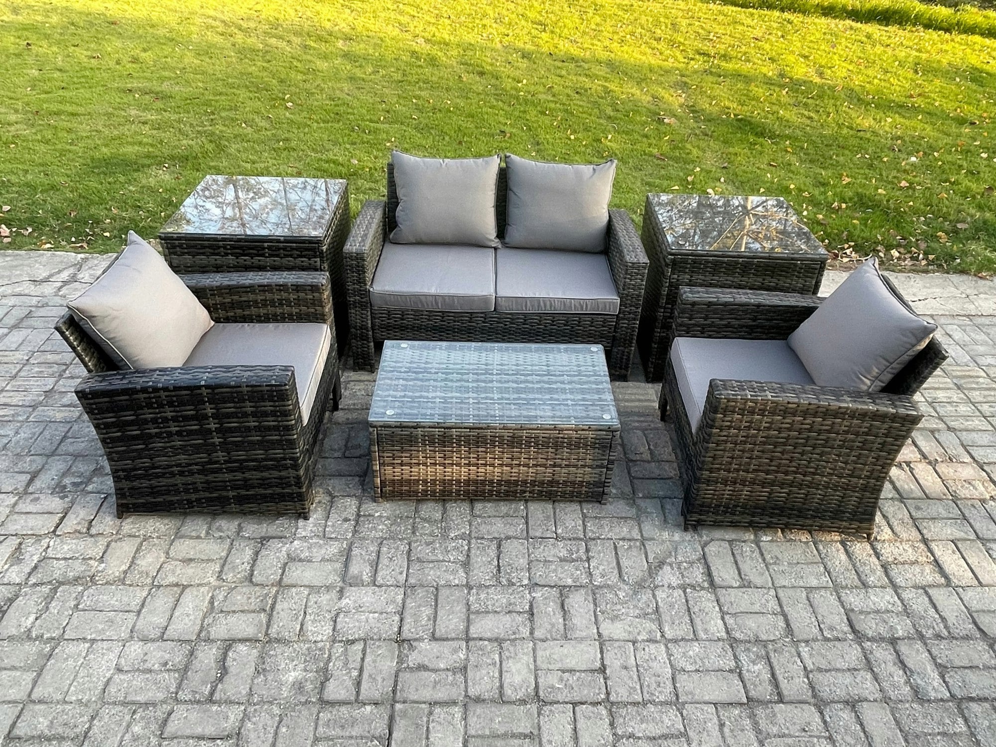 Fimous Dark/Grey Outdoor Lounge Sofa Set Wicker Pe Rattan Garden Furniture Set With Rectangular Coffee Table Double Seat Sofa 2 Side Tables Mixed