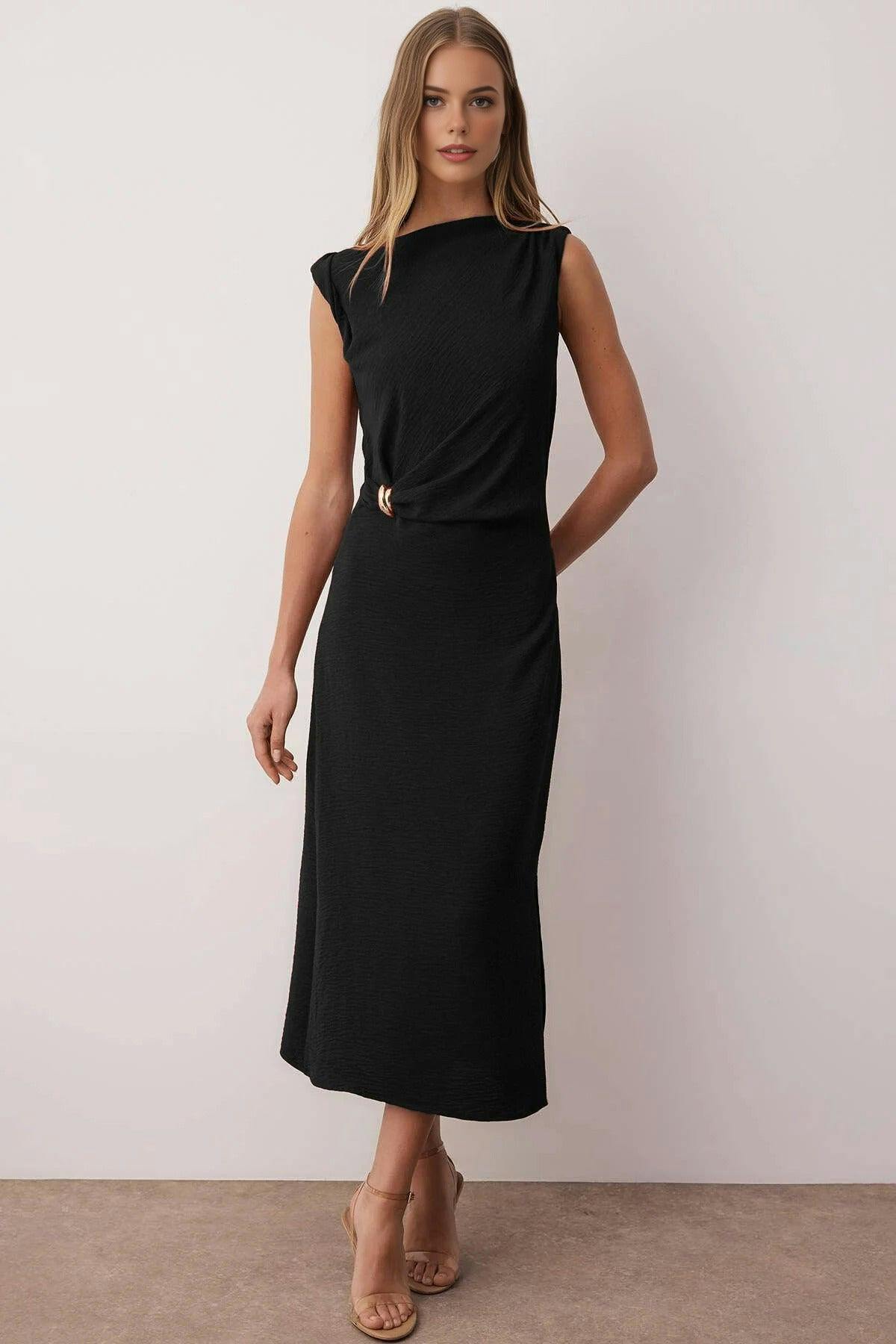 Wovcor Black Accessory Detailed Midi Woven Dress - 14