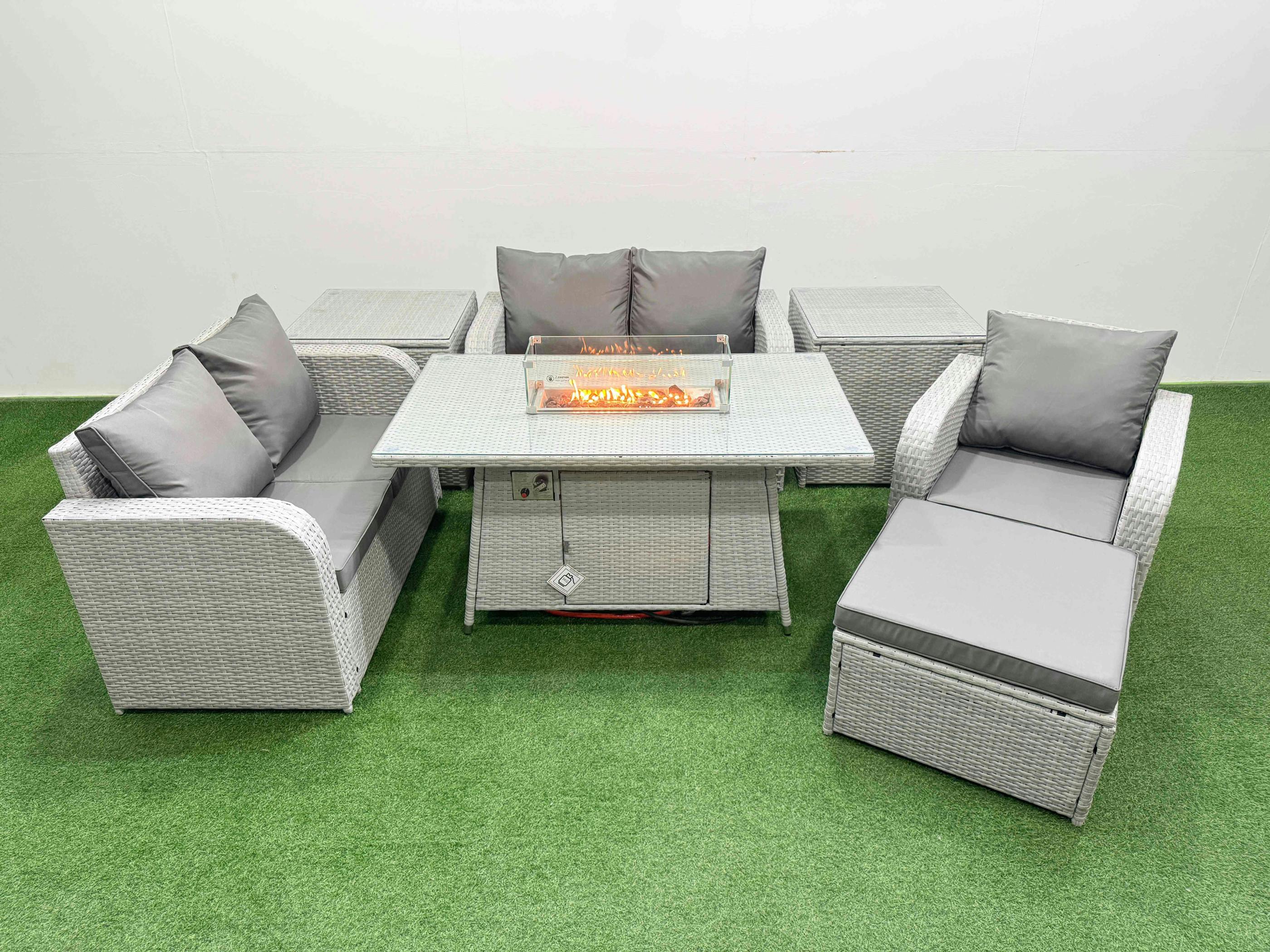 Rackhams Light/Grey 6 Seater Rattan Garden Furniture Set With Firepit Dining Table, 2 Loveseats, 1 Reclining Chair, 1 Footstool & 2 Side Tables