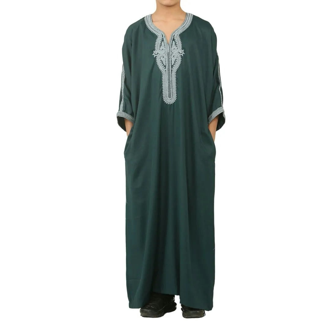 Thobez Boys Green Hm60 - Moroccan Thobe Short Sleeve Embroidery Gandoura - 34