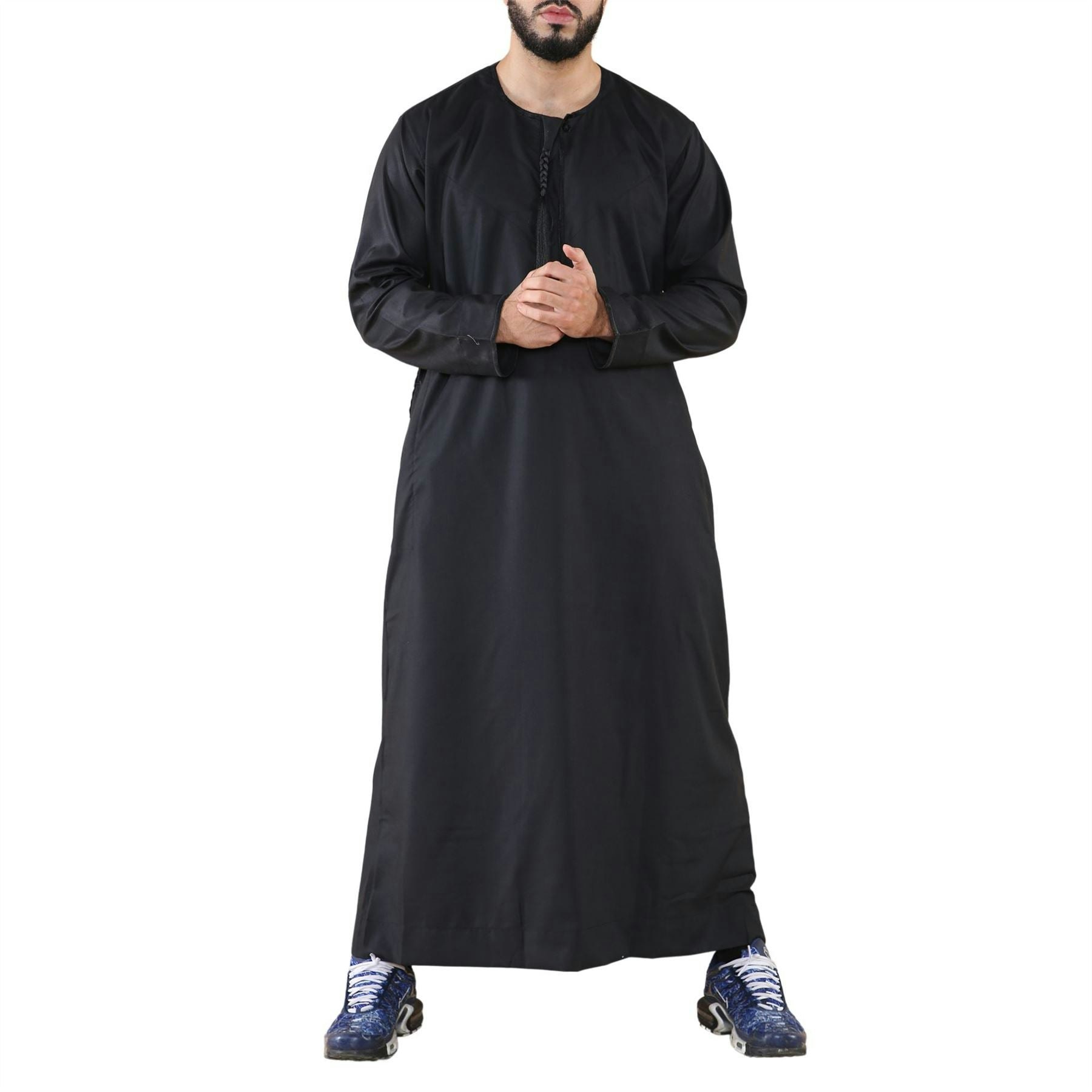 Thobez Men's Black Thobe Jubba Islamic Clothing Muslim Kaftan Emirati Omani Robe Arab Tassel - Large