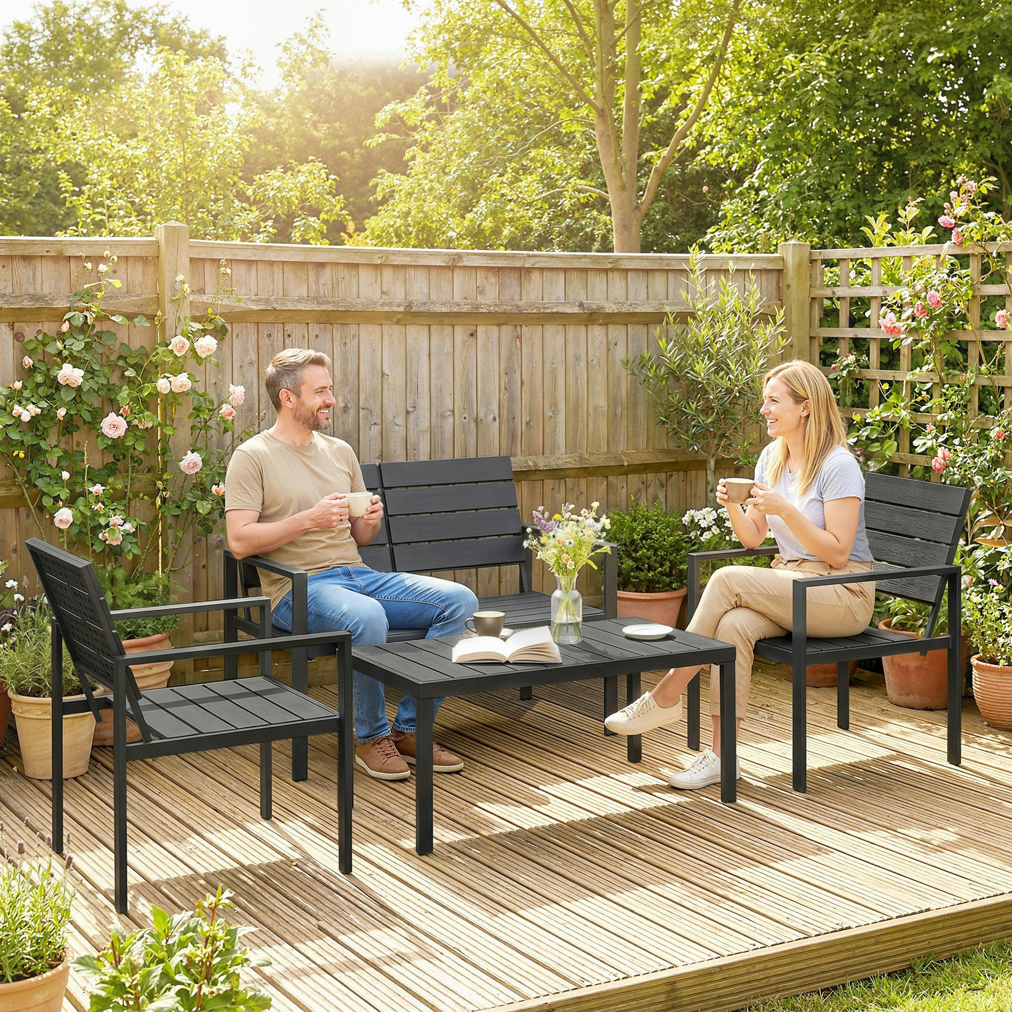 Outsunny 4 Piece Garden Furniture Set, Hdpe Metal Outdoor Sofa, Black - Image 2
