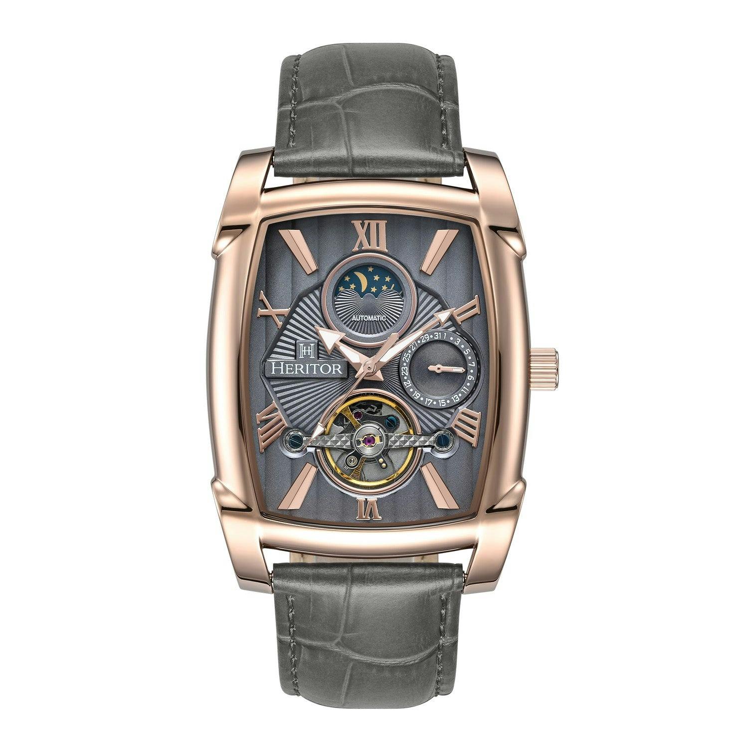 Heritor Automatic Gold/Grey Valentin Leather-Band Watch W/Date - Rose