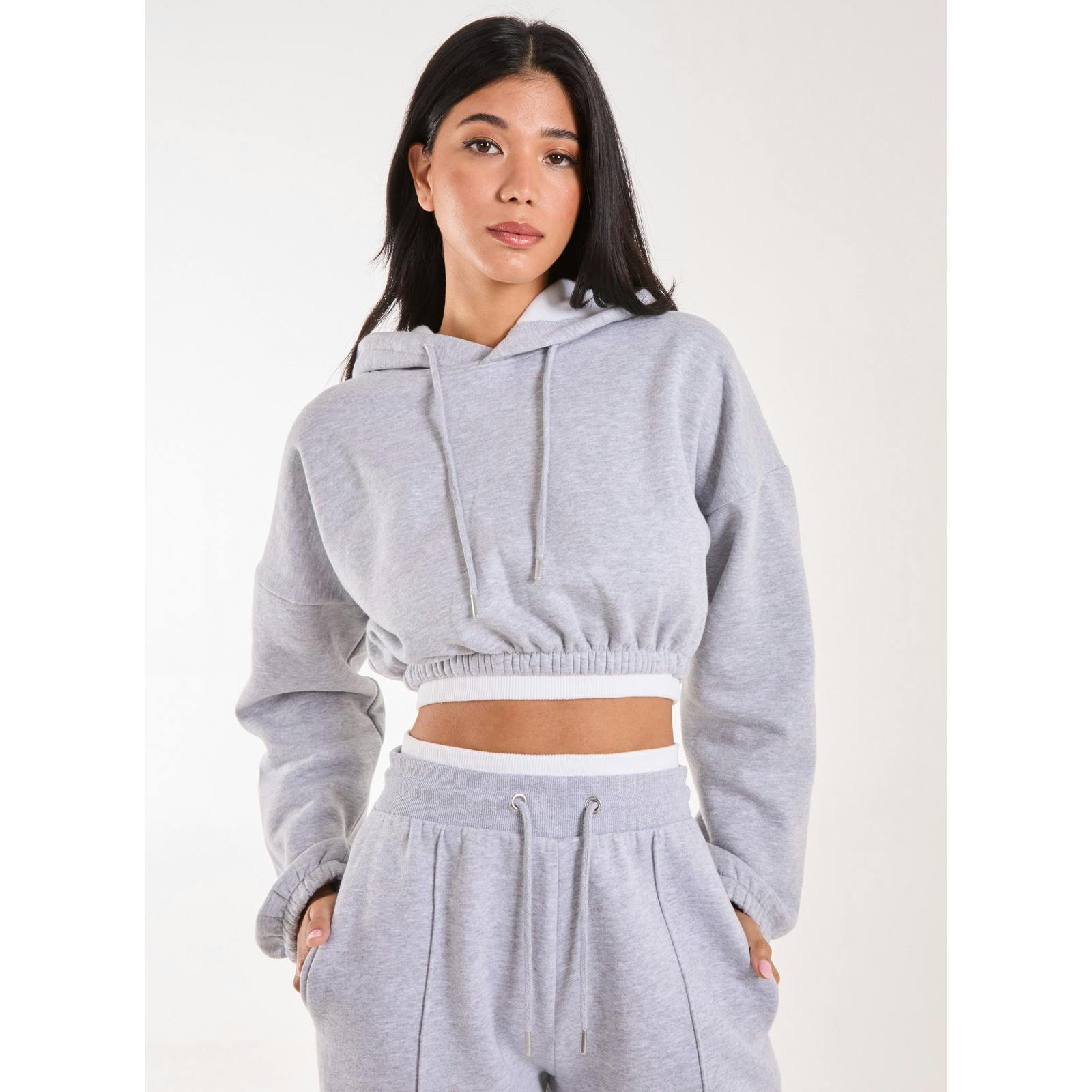 Pink Vanilla Pink/Grey Vanilla Contrast Waistband Cropped Hoodie - L