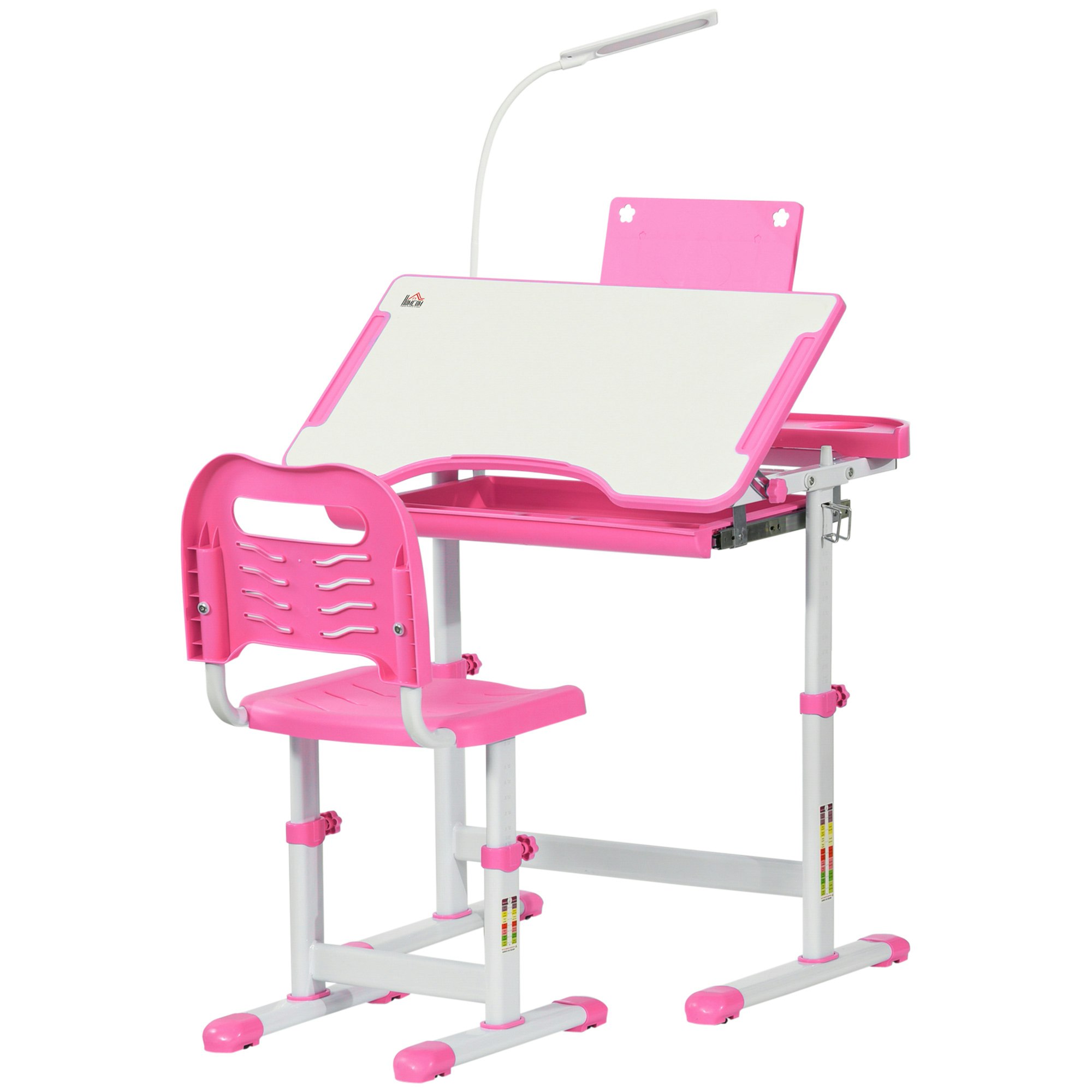 Rackhams Pink/White Kids Desk And Chair Set, Height Adjustable Study Desk With Usb Lamp, Storage Drawer For Study, And