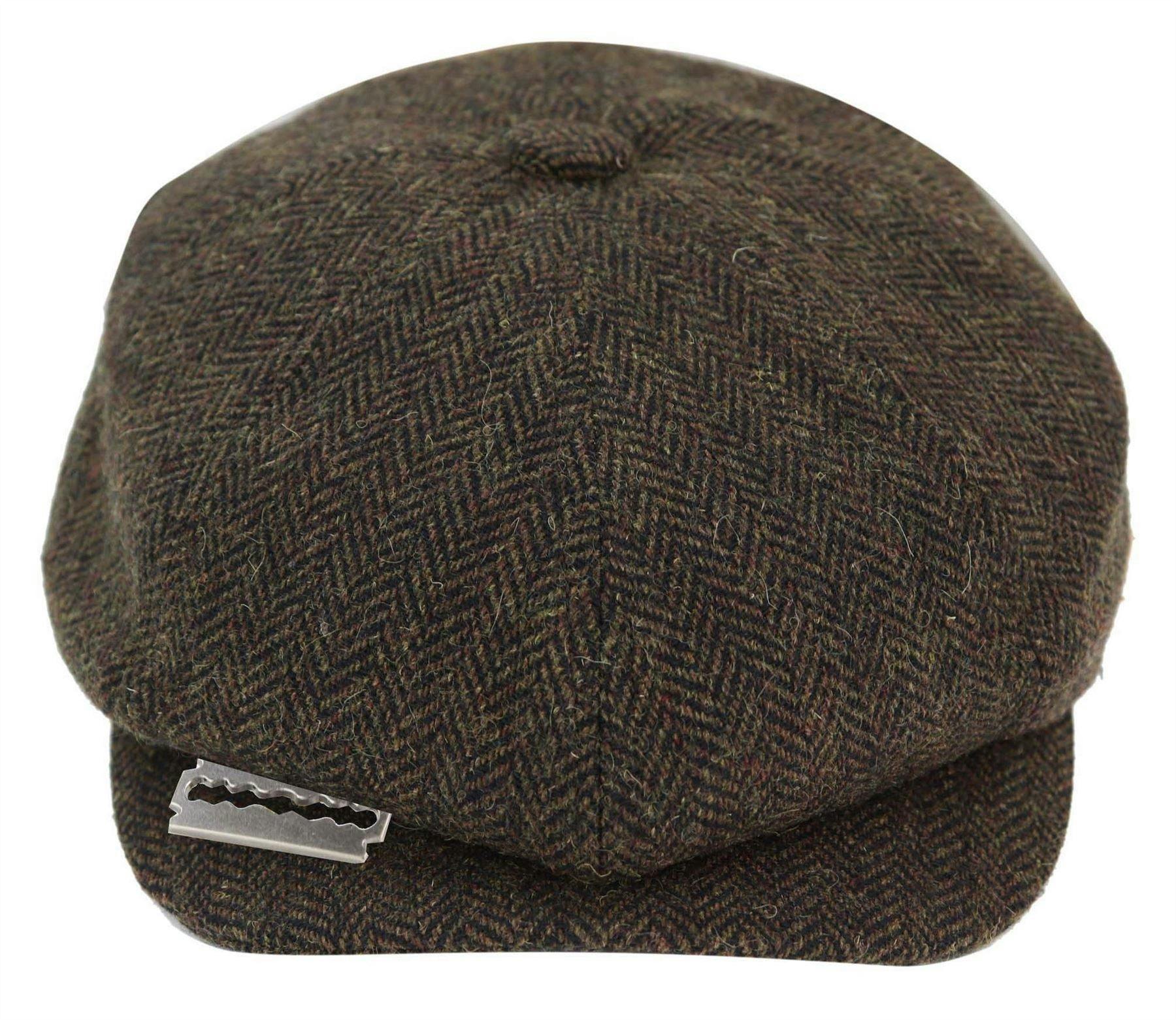 Truclothing Men's Brown Peaky Blinders Tweed Gatsby Flat Baker Hat With Razor Blade - Xl