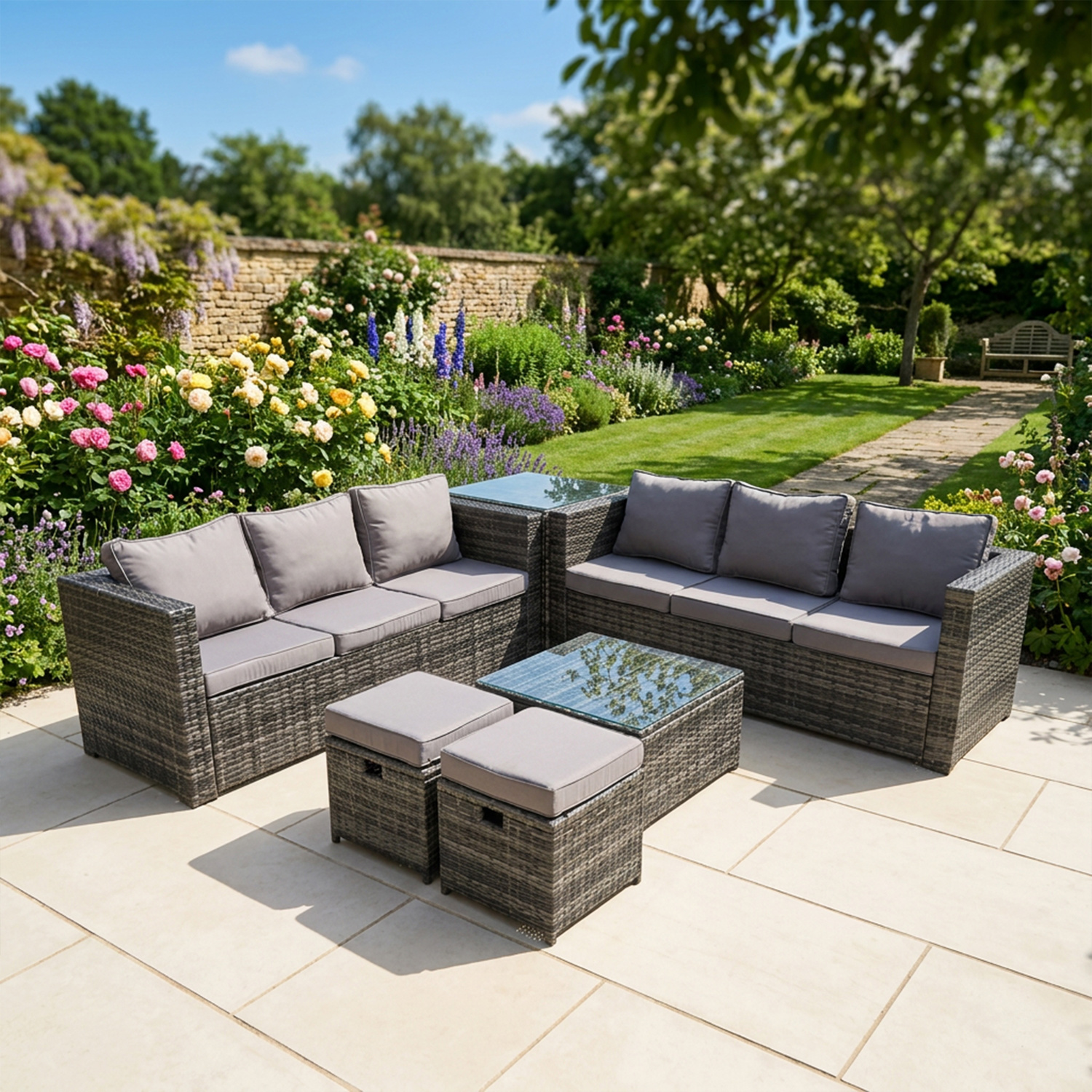 Rackhams Dark/Grey 8 Seater Rattan Garden Furniture Sofa Set With 2 Sofas, Side Table, Square Coffee Table, 2 Small Footstools - Mixed