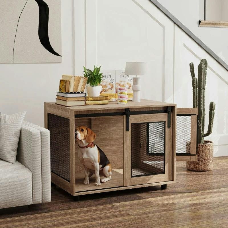 Pawhut Brown Dog Crate Furniture W/ Sliding Door, 80 X 58.5 X 63Cm, Walnut In | Size: Medium - Image 4