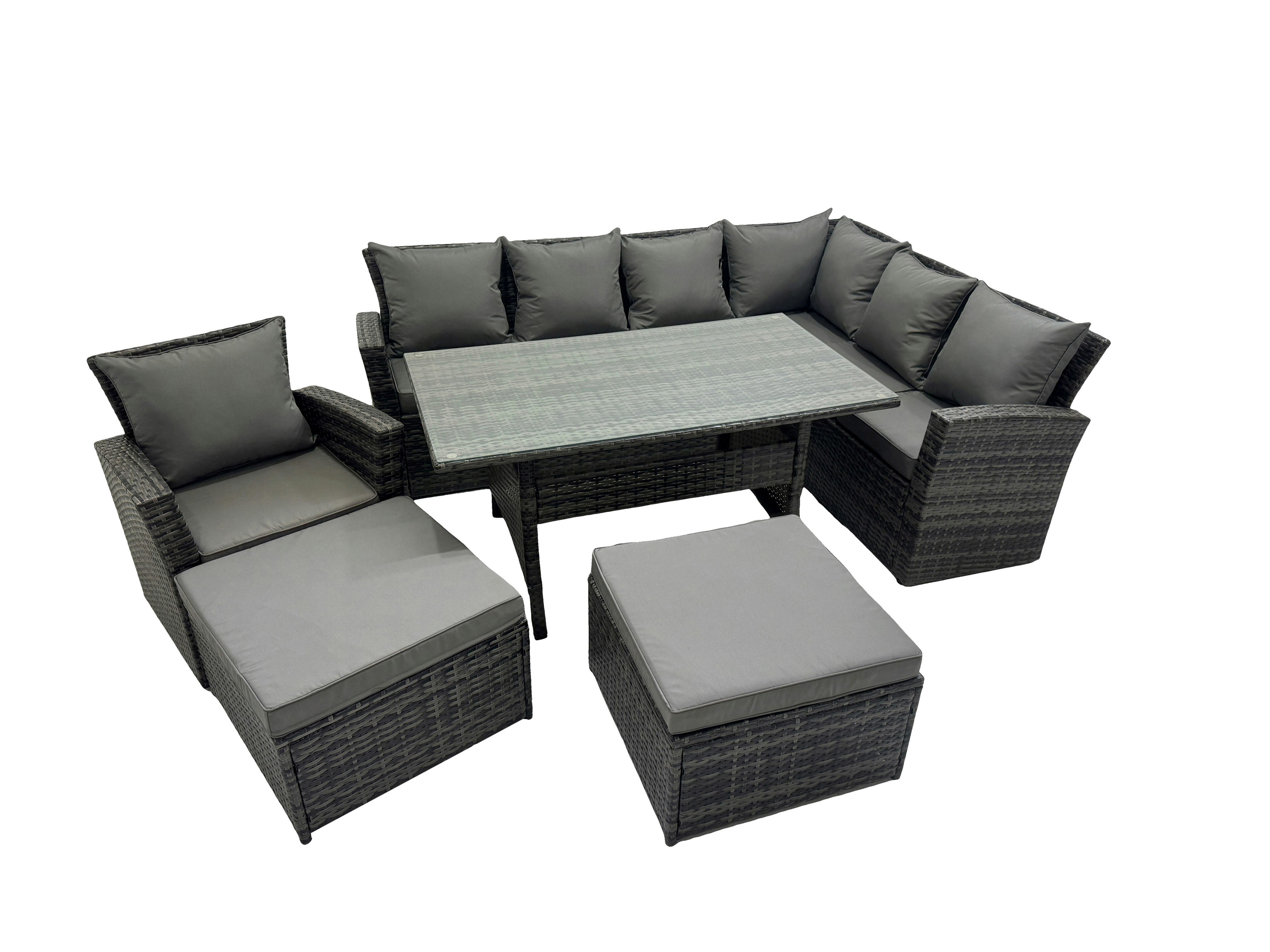 Rackhams Dark/Grey Rattan Garden Furniture Set Outdoor 9 Seater Patio Dining Corner Sofa Sets With Dining Table Chair Mixed